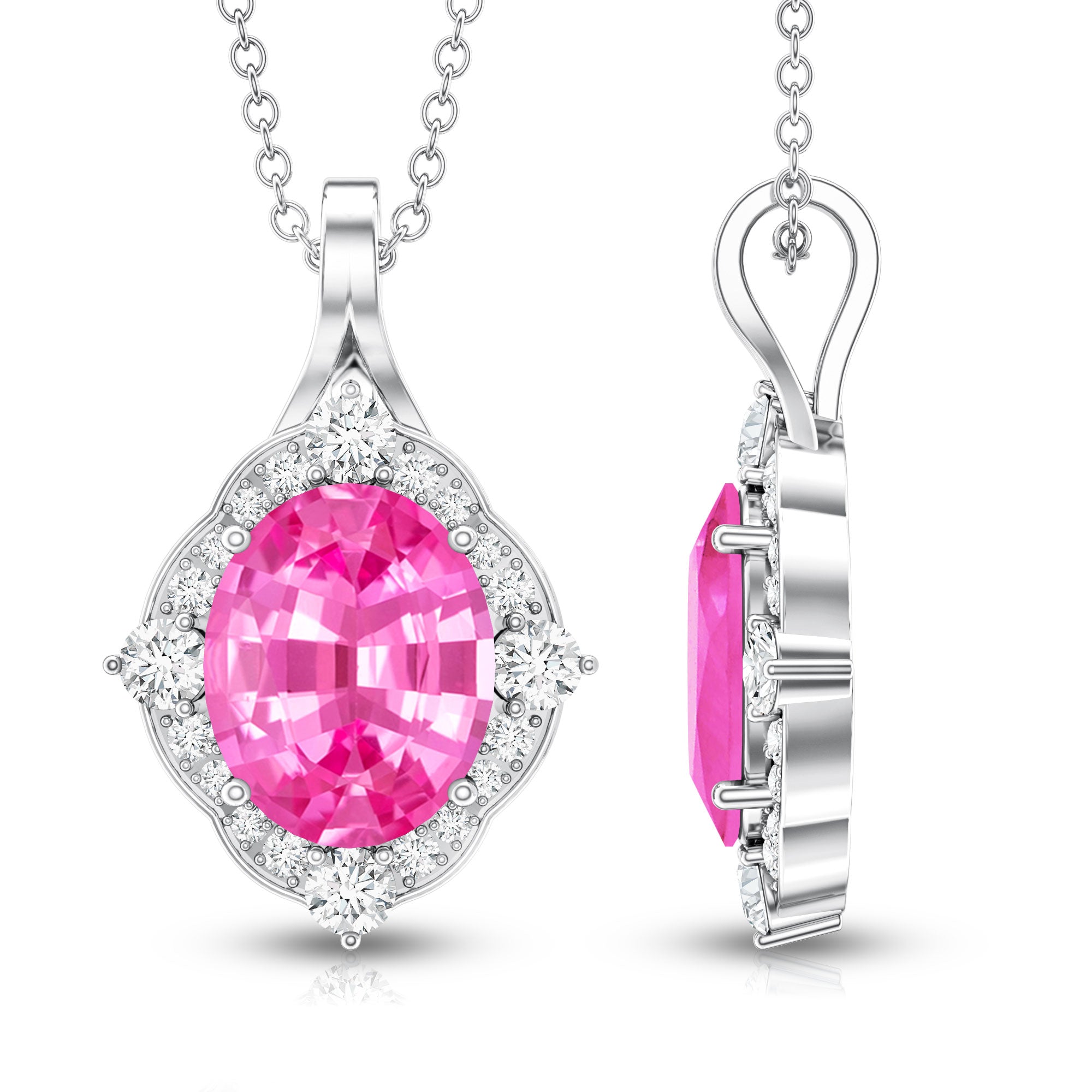4 Carat Oval Lab Created Pink Sapphire Vintage Pendant with Diamonds AAAA - Rosec Jewels