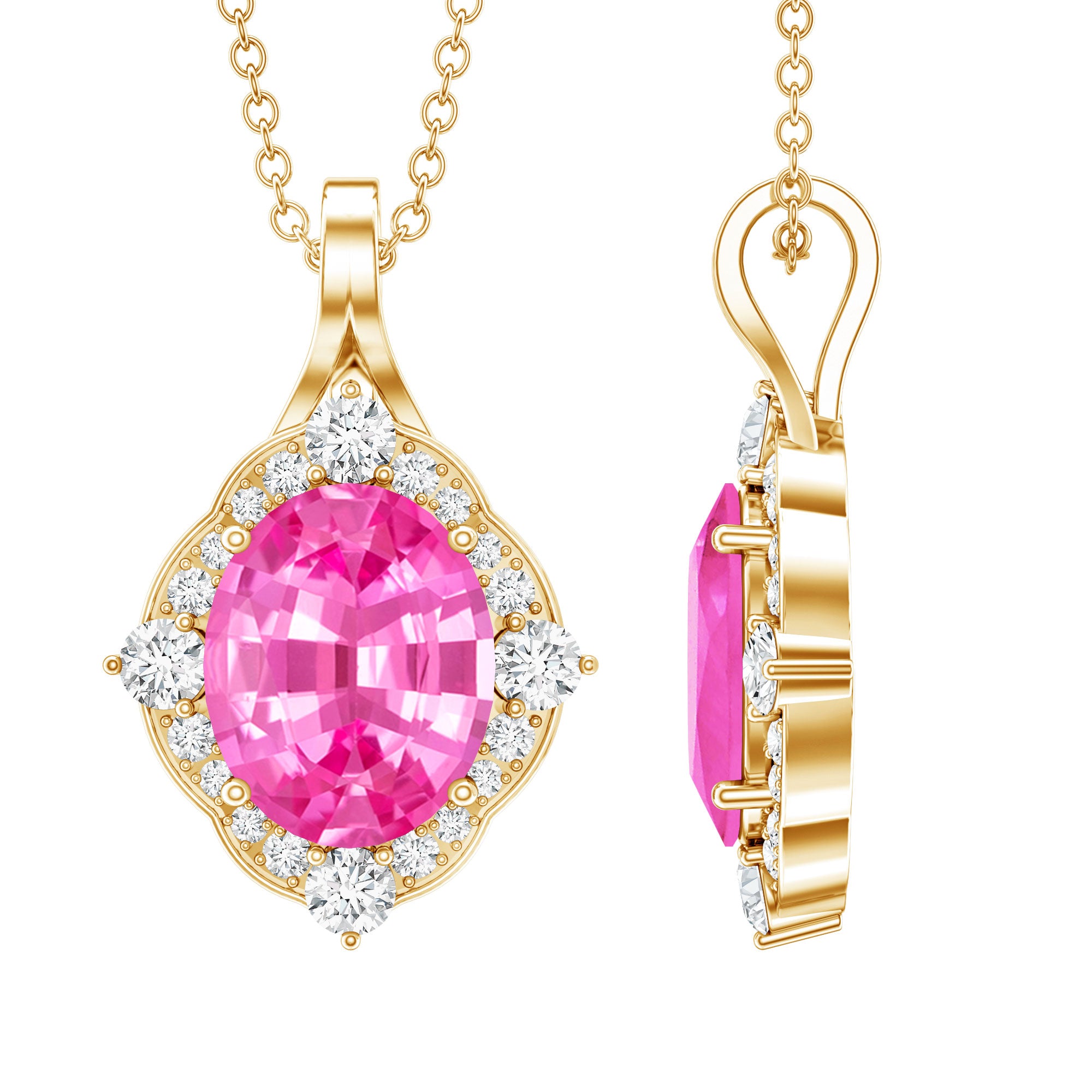 4 Carat Oval Lab Created Pink Sapphire Vintage Pendant with Diamonds AAAA - Rosec Jewels