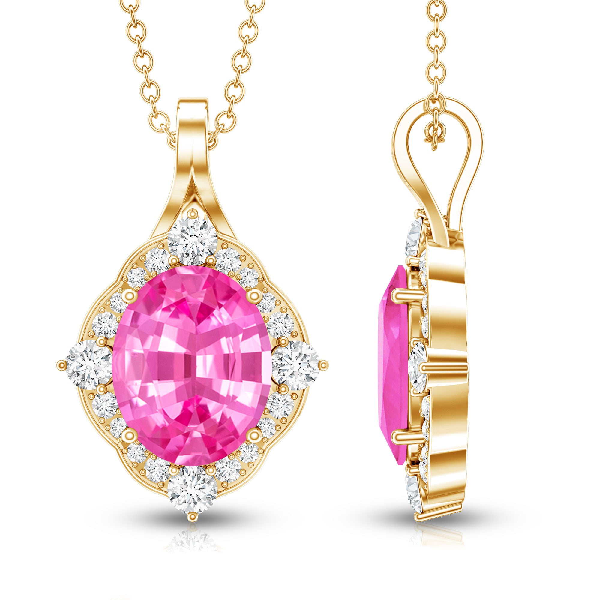 4 Carat Oval Lab Created Pink Sapphire Vintage Pendant with Diamonds AAAA - Rosec Jewels