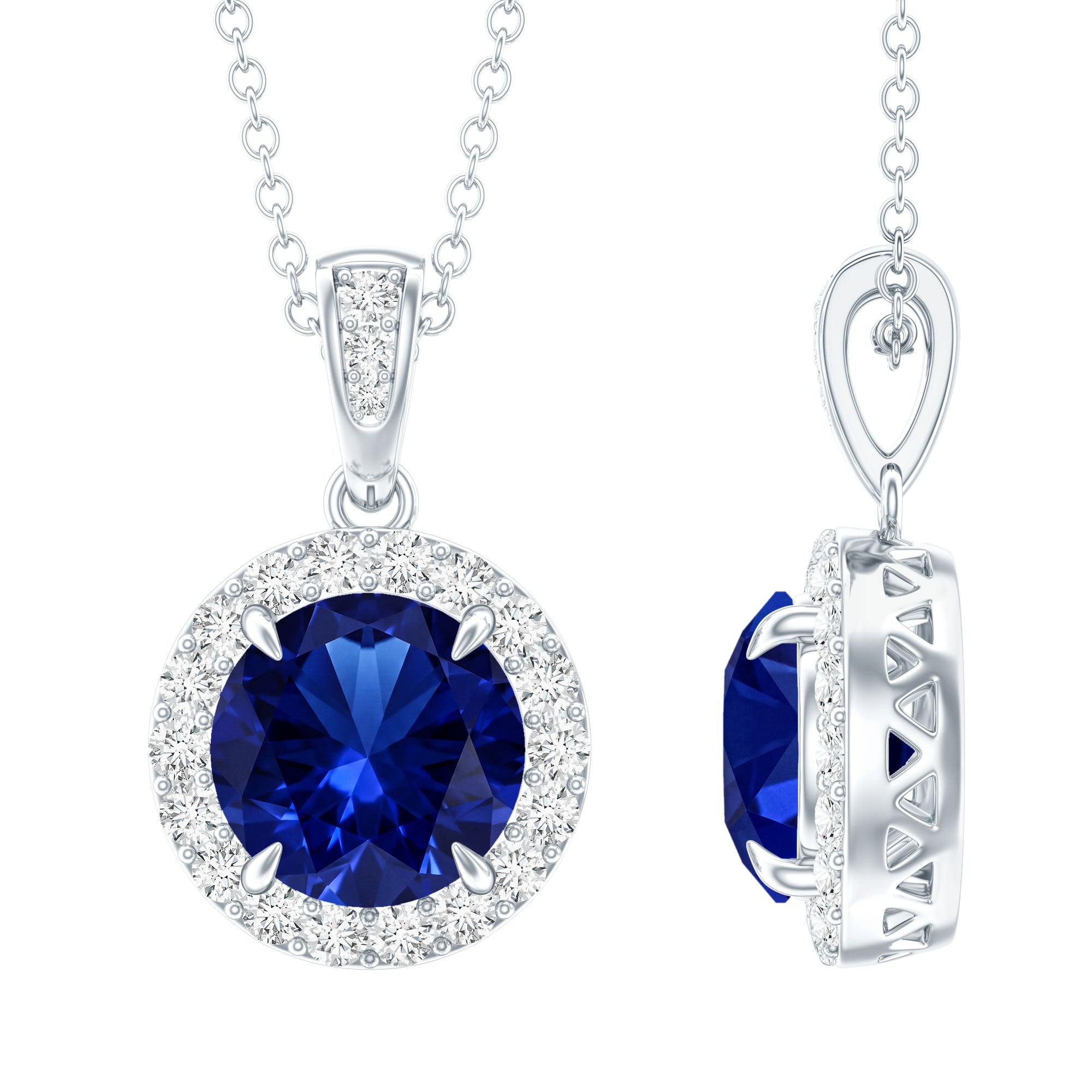2.74 Carat Round Lab Created Blue Sapphire Halo Necklace with White Diamond AAAA - Rosec Jewels