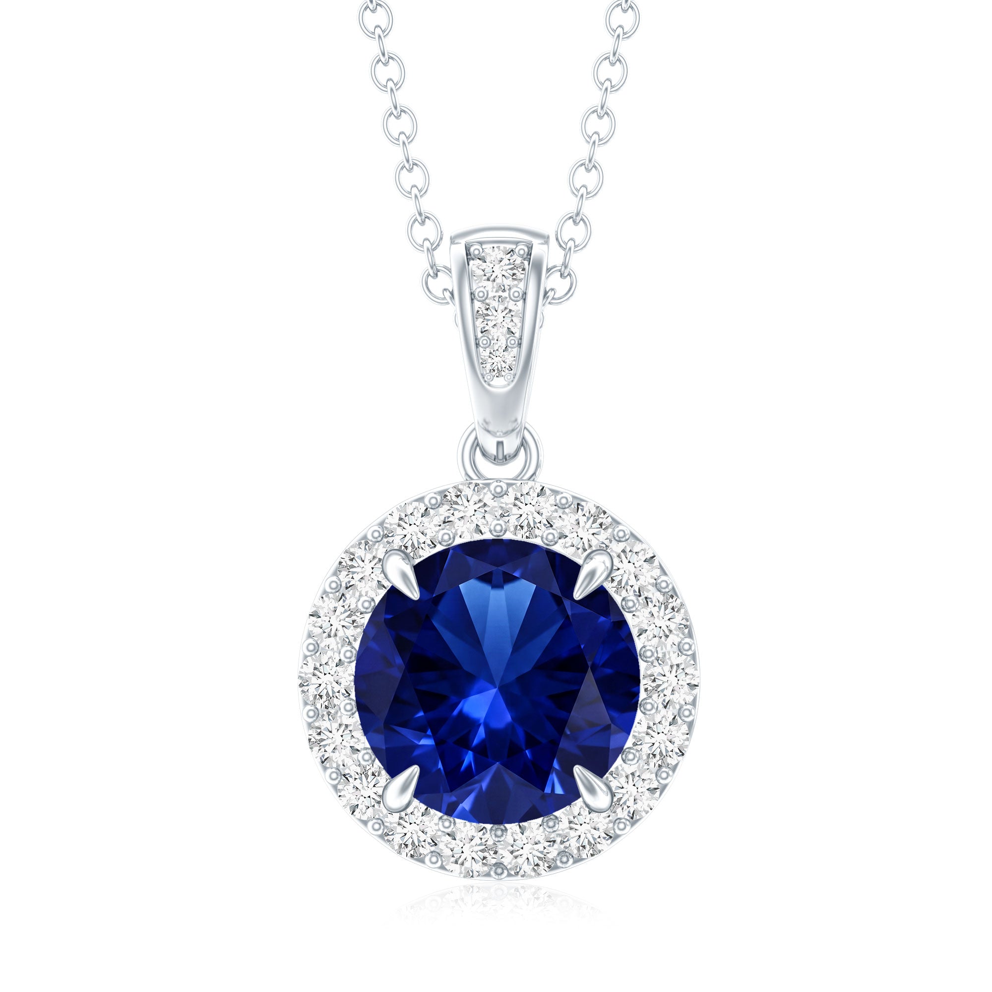 2.74 Carat Round Lab Created Blue Sapphire Halo Necklace with White Diamond AAAA - Rosec Jewels