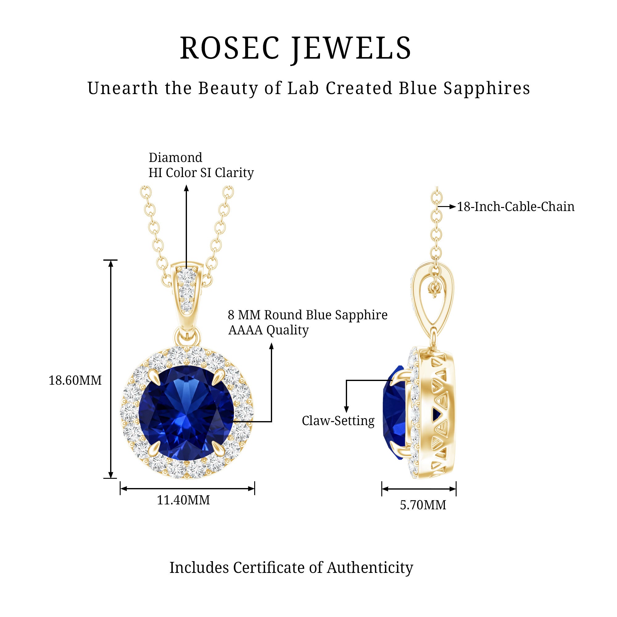2.74 Carat Round Lab Created Blue Sapphire Halo Necklace with White Diamond AAAA - Rosec Jewels