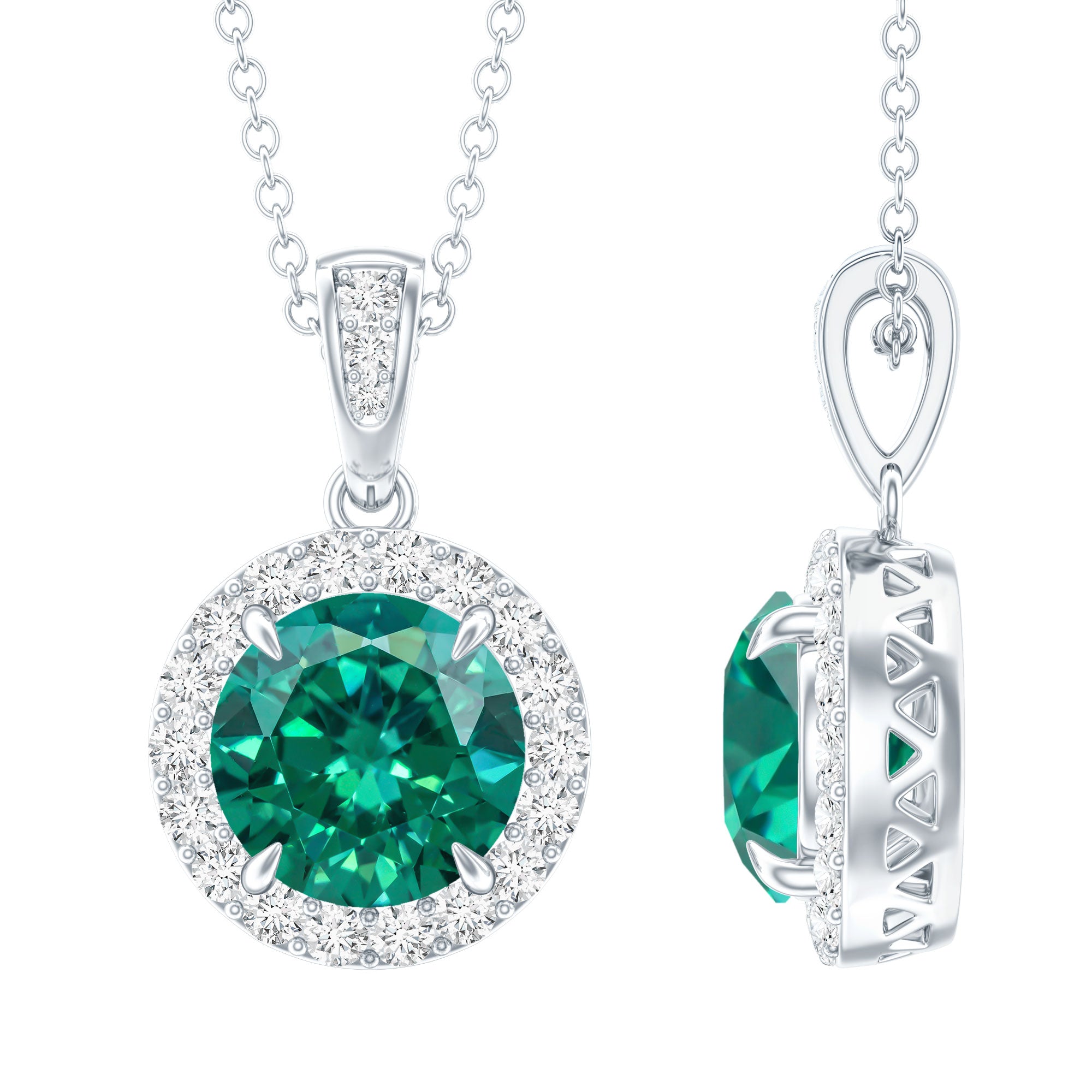 2 Carat Round Cut Lab Grown Emerald and Diamond Halo Necklace AAAA - Rosec Jewels