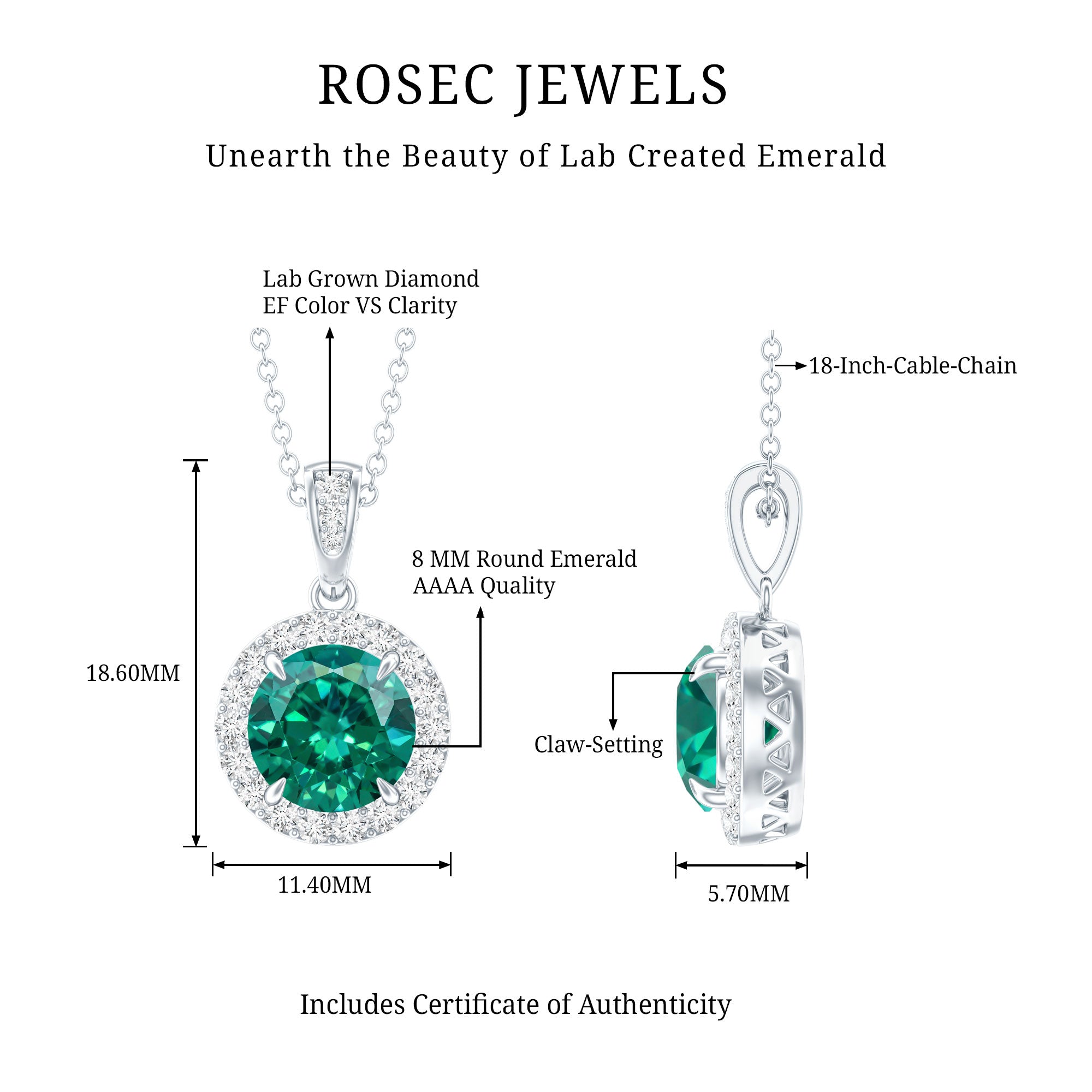 2 Carat Round Cut Lab Grown Emerald and Diamond Halo Necklace AAAA - Rosec Jewels