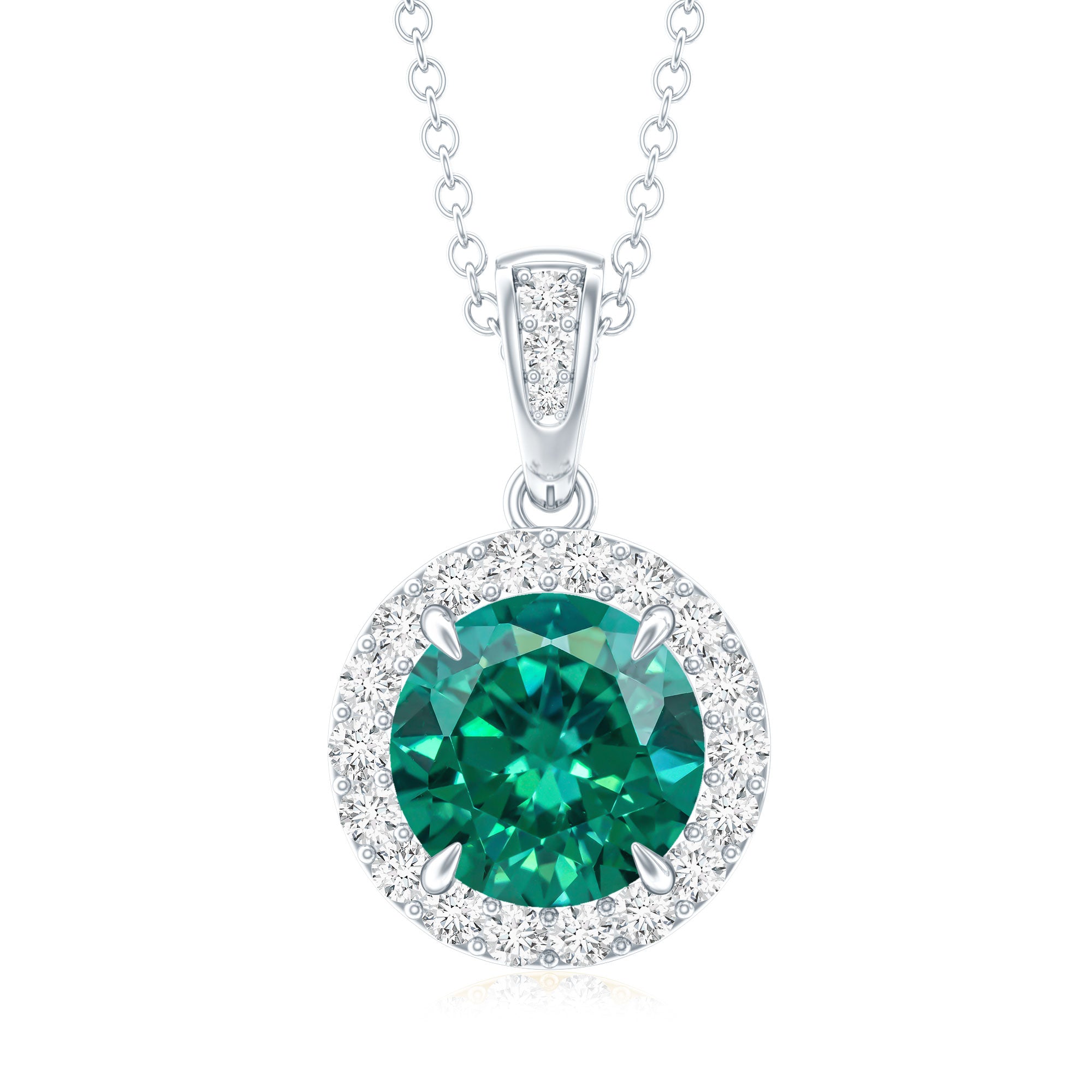 2 Carat Round Cut Lab Grown Emerald and Diamond Halo Necklace AAAA - Rosec Jewels