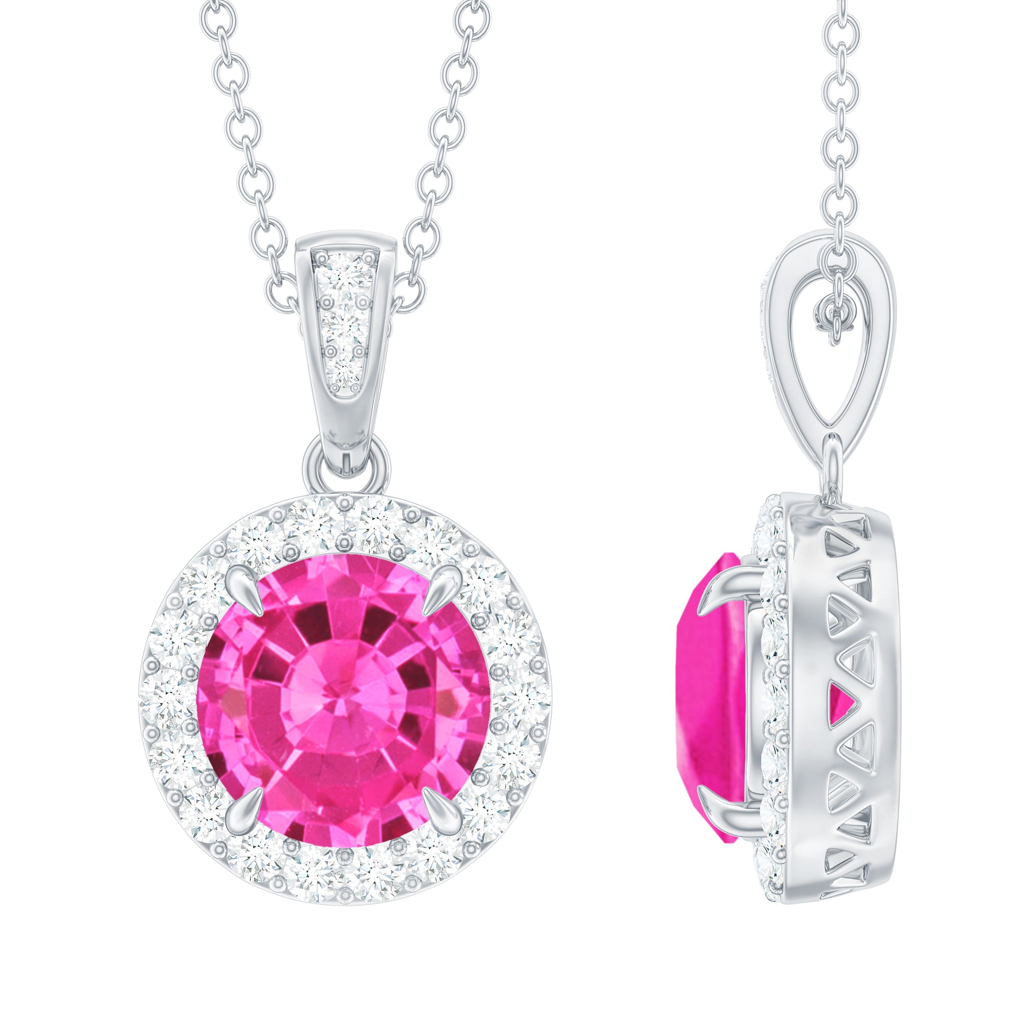 Lab-Created Pink Sapphire Halo Pendant with Diamond