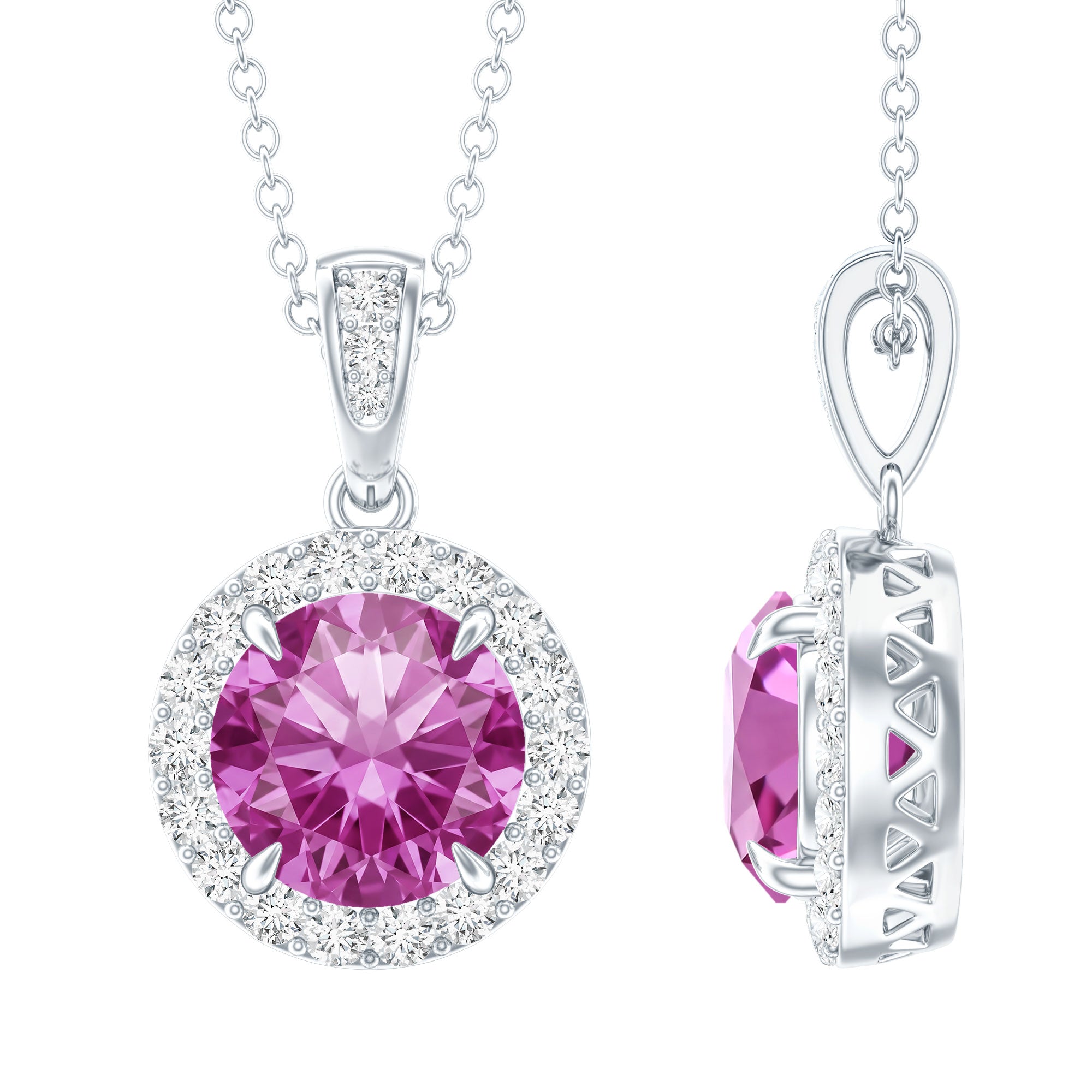 2.2 Carat Round Cut Lab Created Pink Sapphire and Diamond Necklace with Certificate AAAA - Rosec Jewels