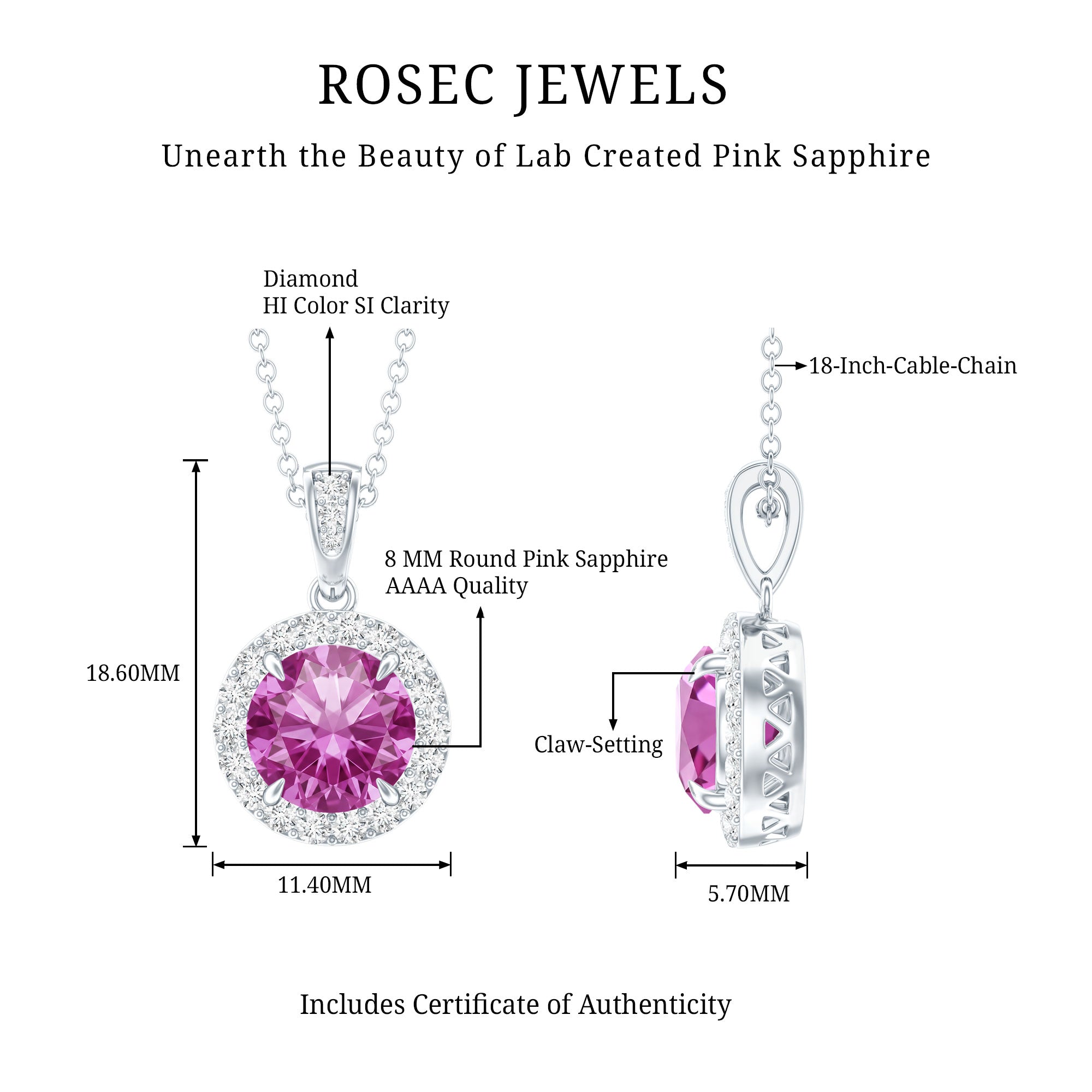 2.2 Carat Round Cut Lab Created Pink Sapphire and Diamond Necklace with Certificate AAAA - Rosec Jewels