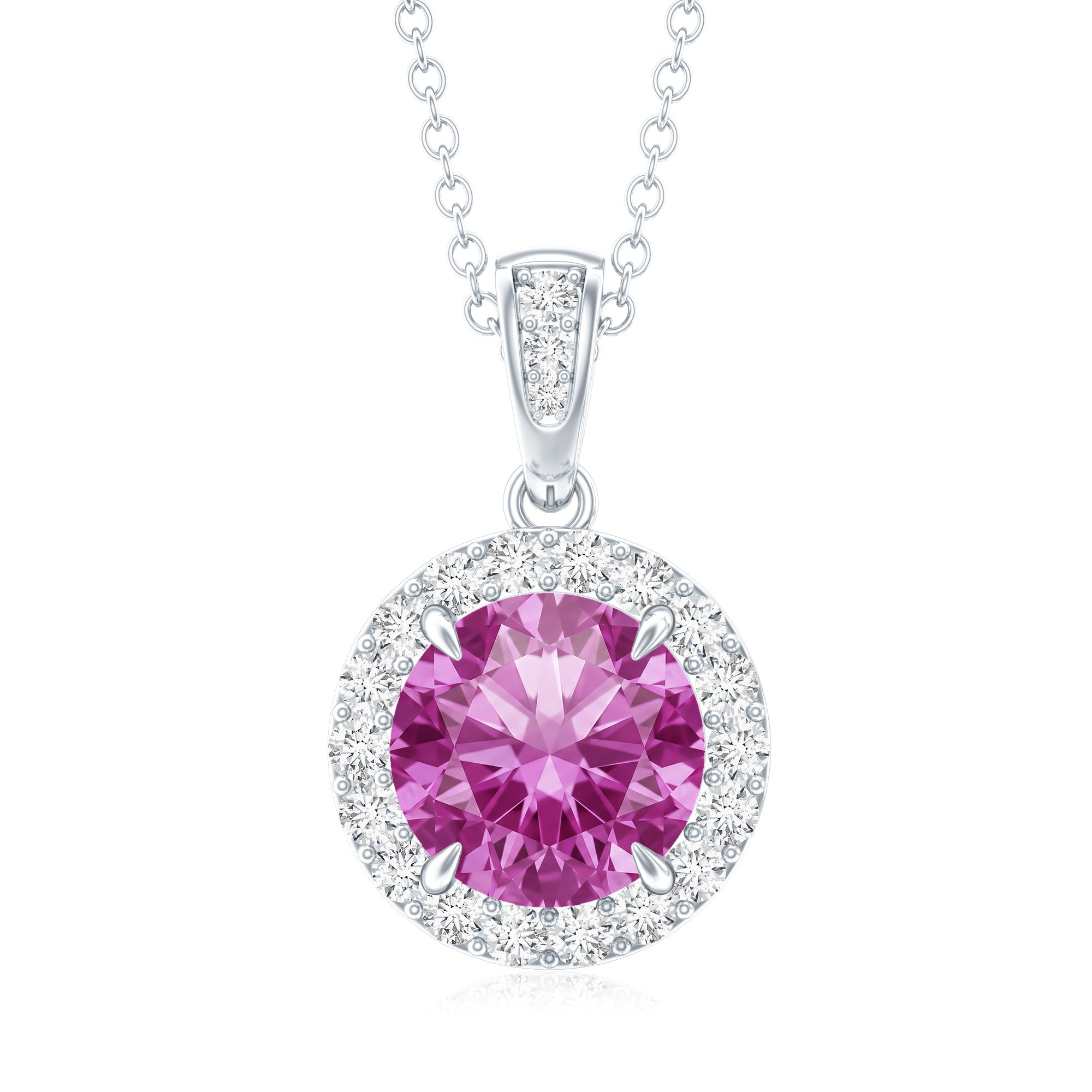 2.2 Carat Round Cut Lab Created Pink Sapphire and Diamond Necklace with Certificate AAAA - Rosec Jewels