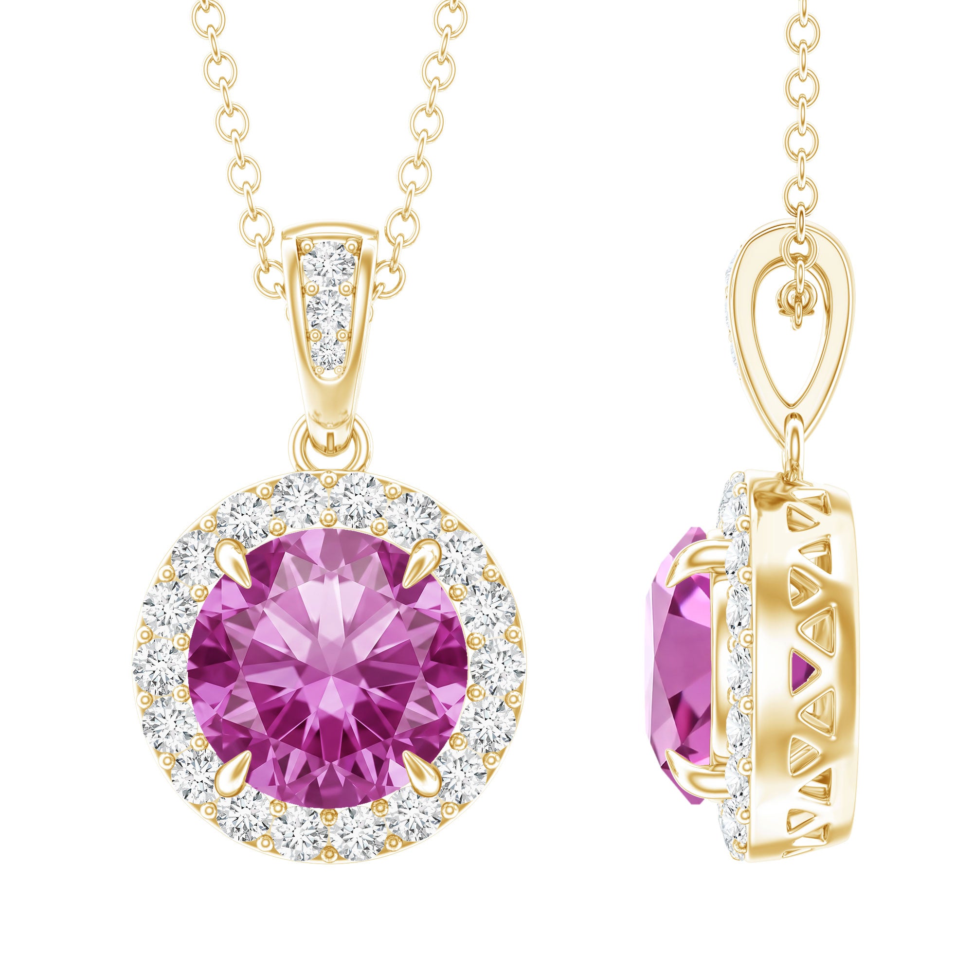 2.2 Carat Round Cut Lab Created Pink Sapphire and Diamond Necklace with Certificate AAAA - Rosec Jewels
