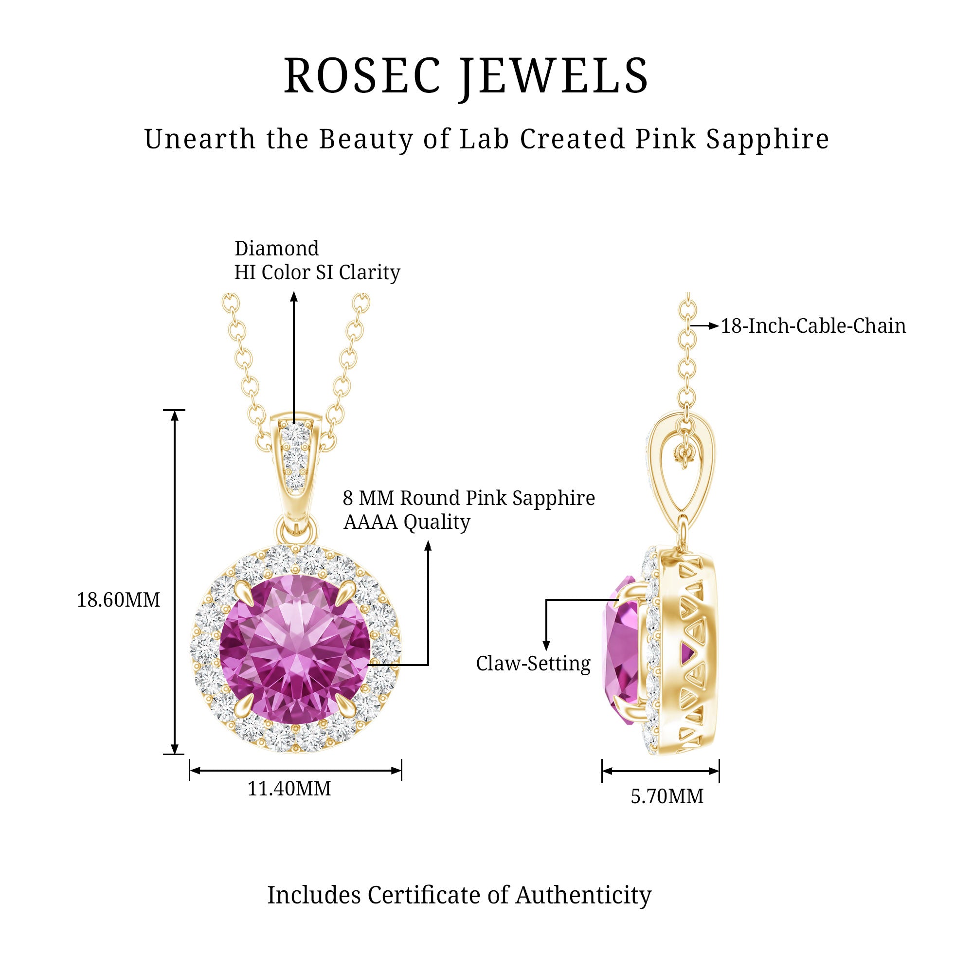2.2 Carat Round Cut Lab Created Pink Sapphire and Diamond Necklace with Certificate AAAA - Rosec Jewels