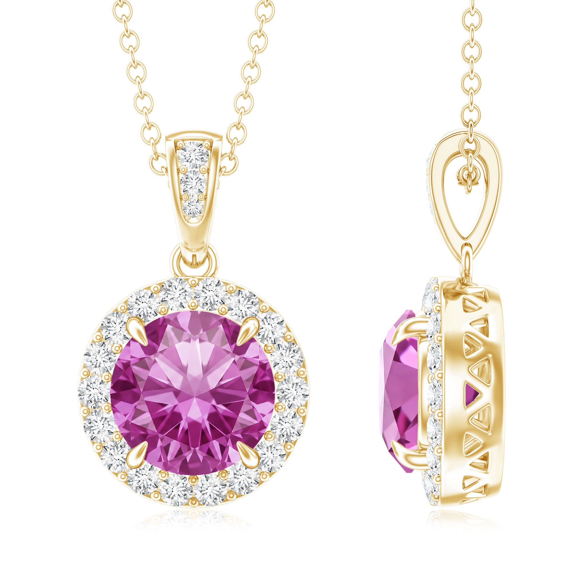 2.2 Carat Round Cut Lab Created Pink Sapphire and Diamond Necklace with Certificate AAAA - Rosec Jewels