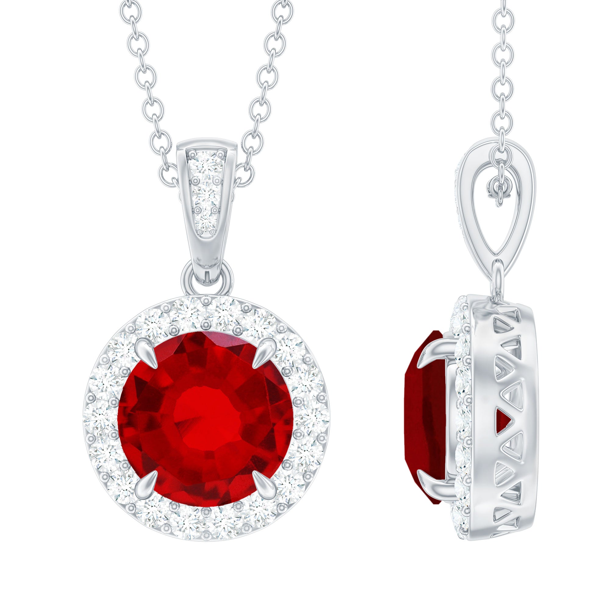 Round Created Ruby and Diamond Classic Halo Pendant