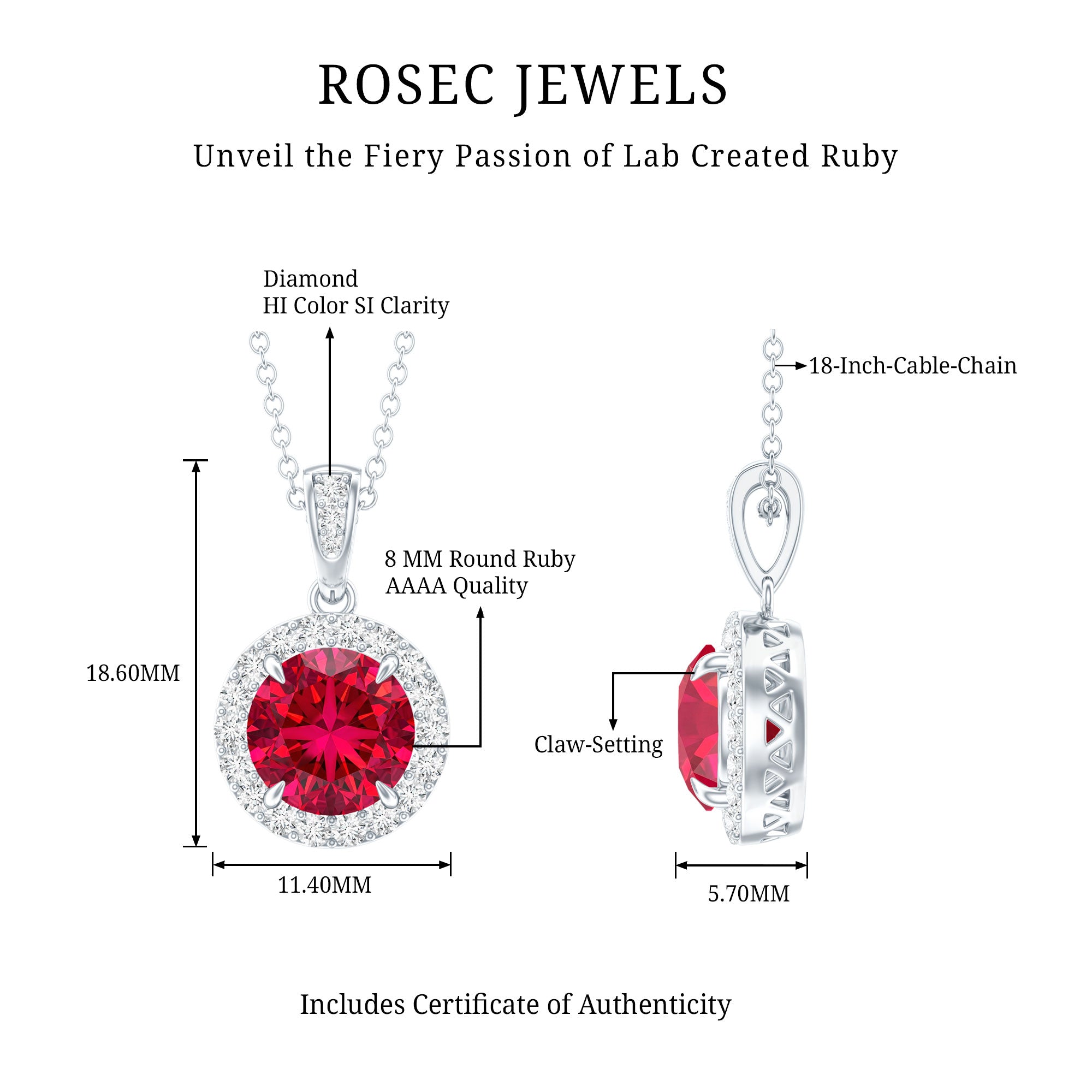2.3 Carat Round Lab Created Ruby and Diamond Halo Pendant Necklace AAAA - Rosec Jewels