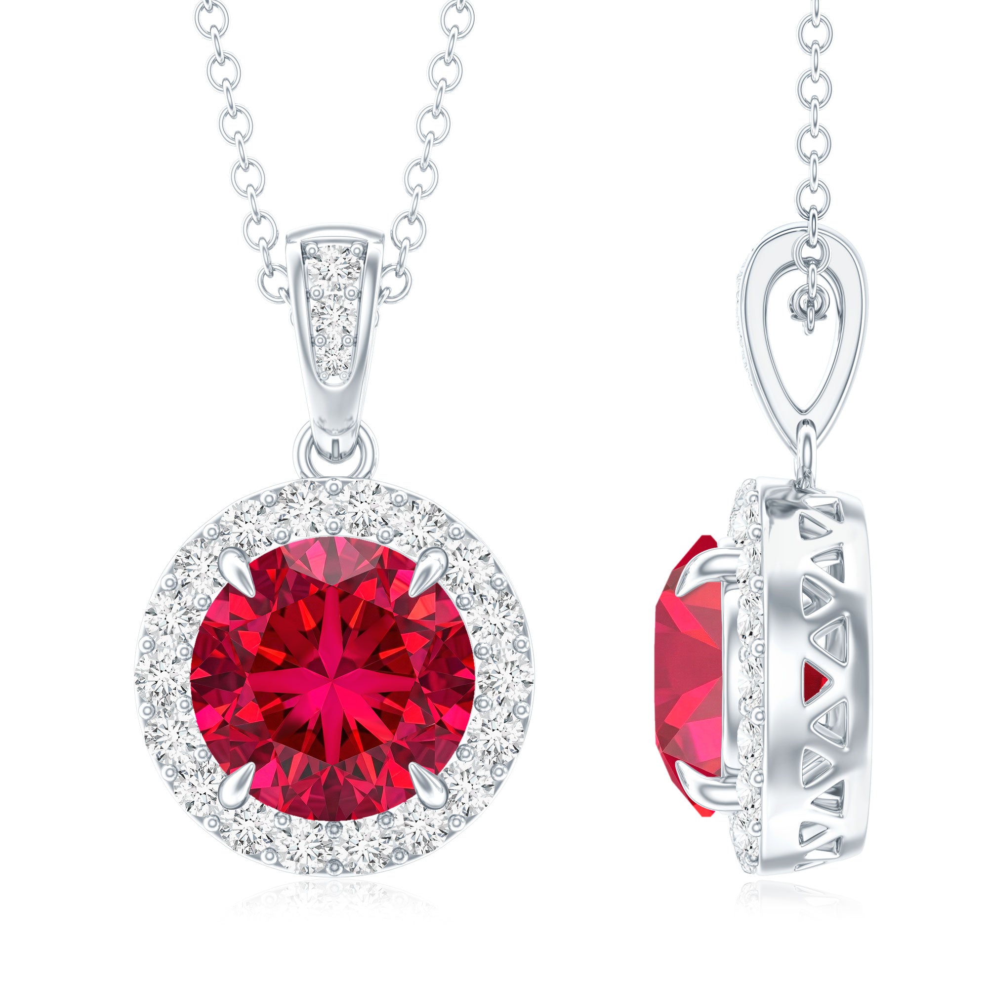 2.3 Carat Round Lab Created Ruby and Diamond Halo Pendant Necklace AAAA - Rosec Jewels
