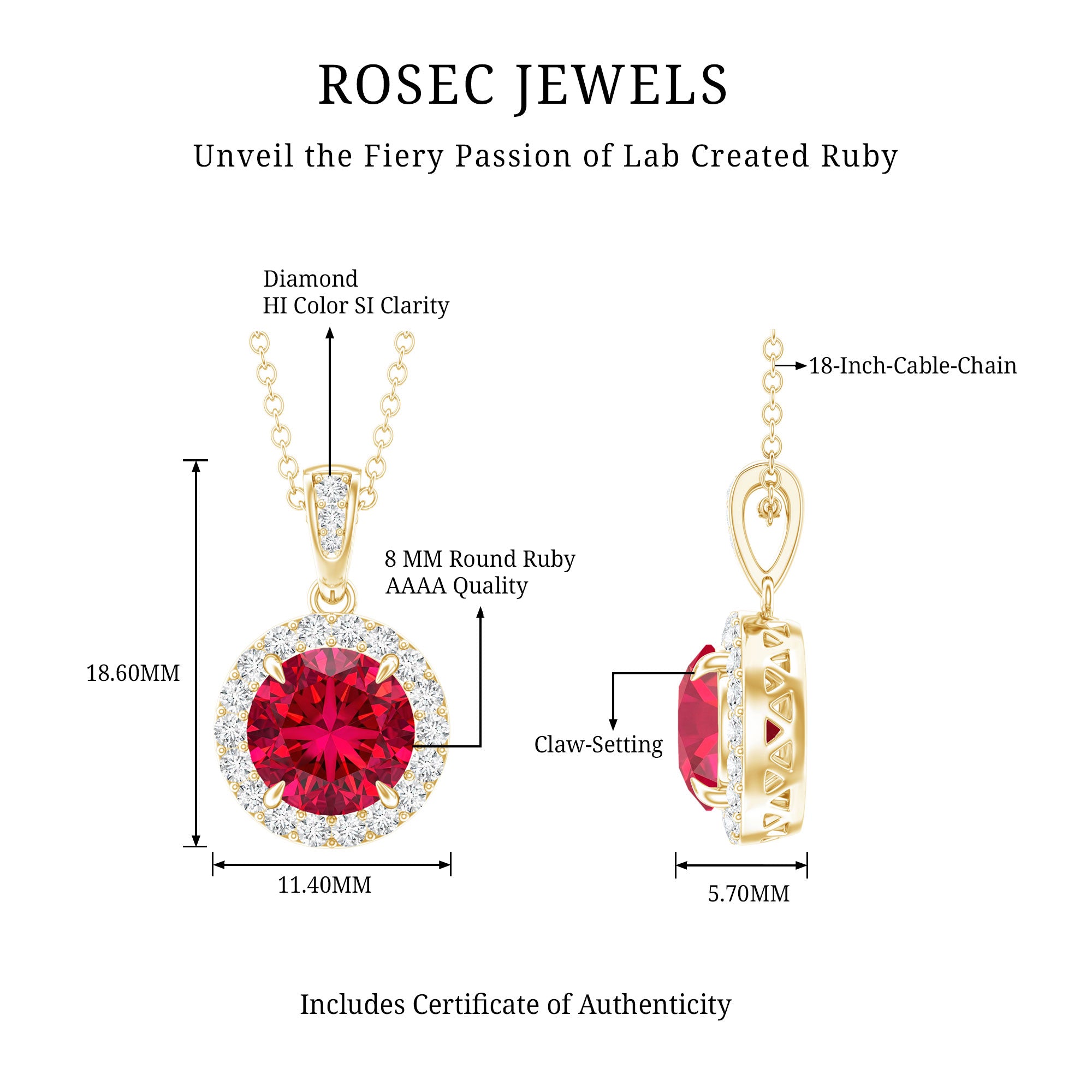 2.3 Carat Round Lab Created Ruby and Diamond Halo Pendant Necklace AAAA - Rosec Jewels