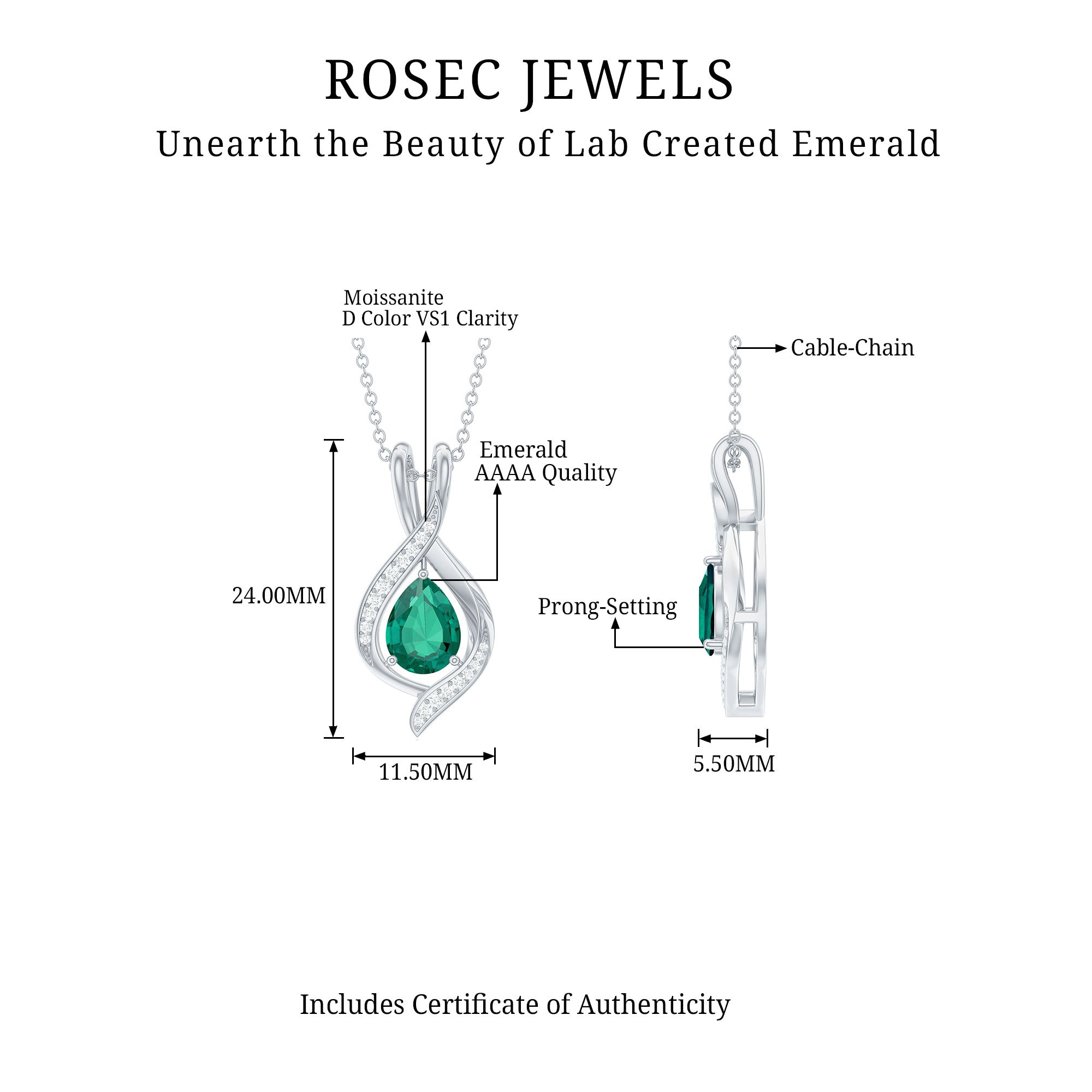 1 Carat Pear Cut Lab Created Emerald Teardrop Pendant with Diamond AAAA - Rosec Jewels
