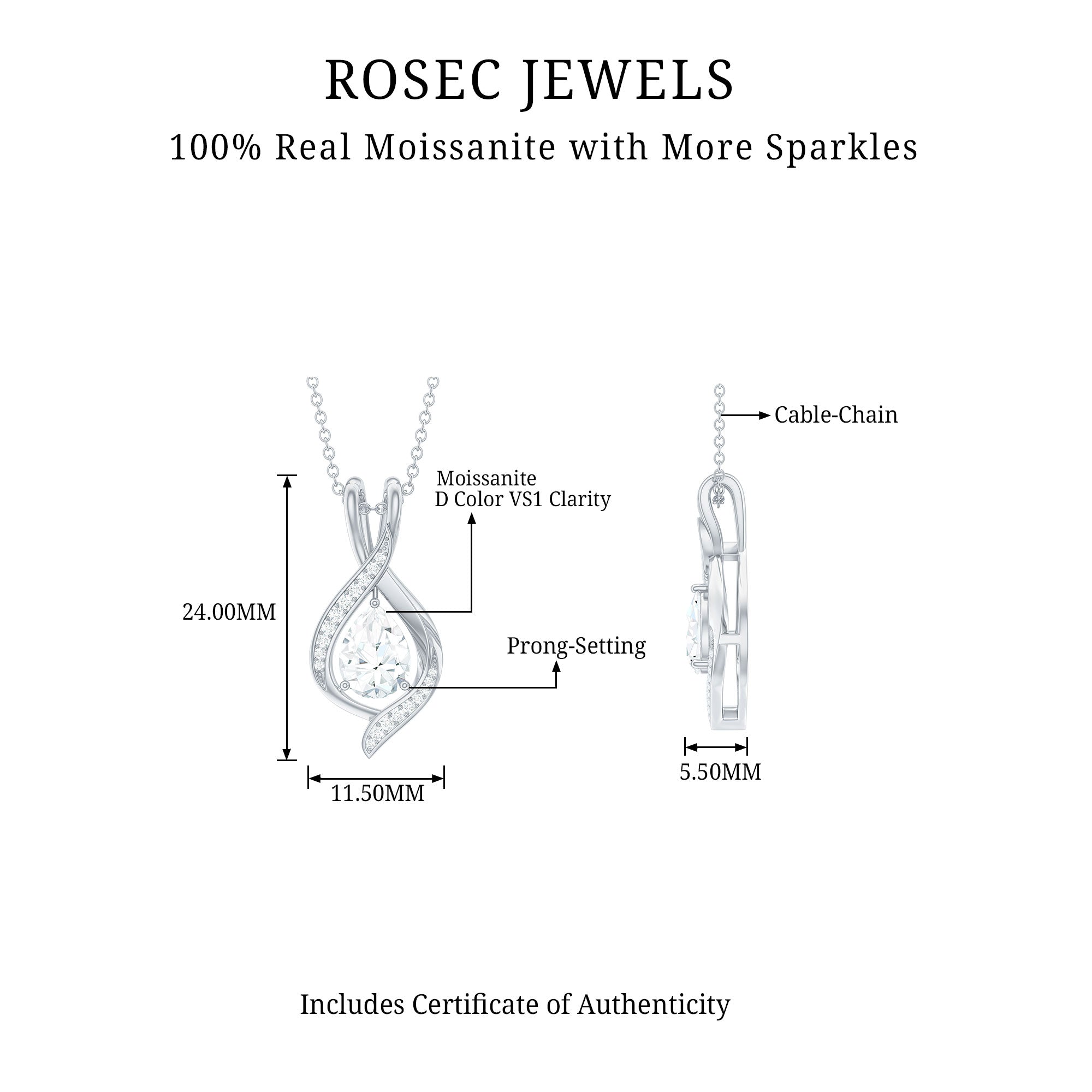 1.25 CT Certified Moissanite Teardrop Necklace for Women D-VS1 - Rosec Jewels