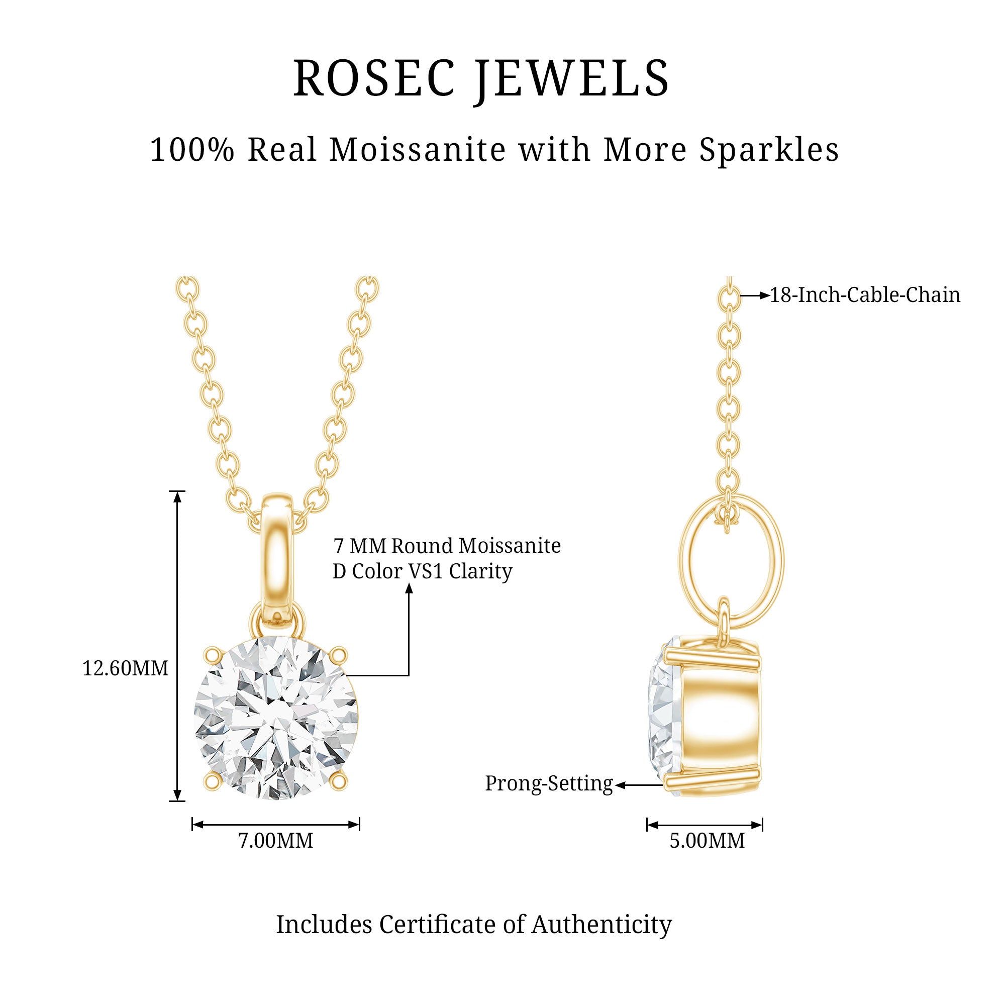 1.36 Carat Round Moissanite Solitaire Pendant Necklace in Prong Setting D-VS1 - Rosec Jewels