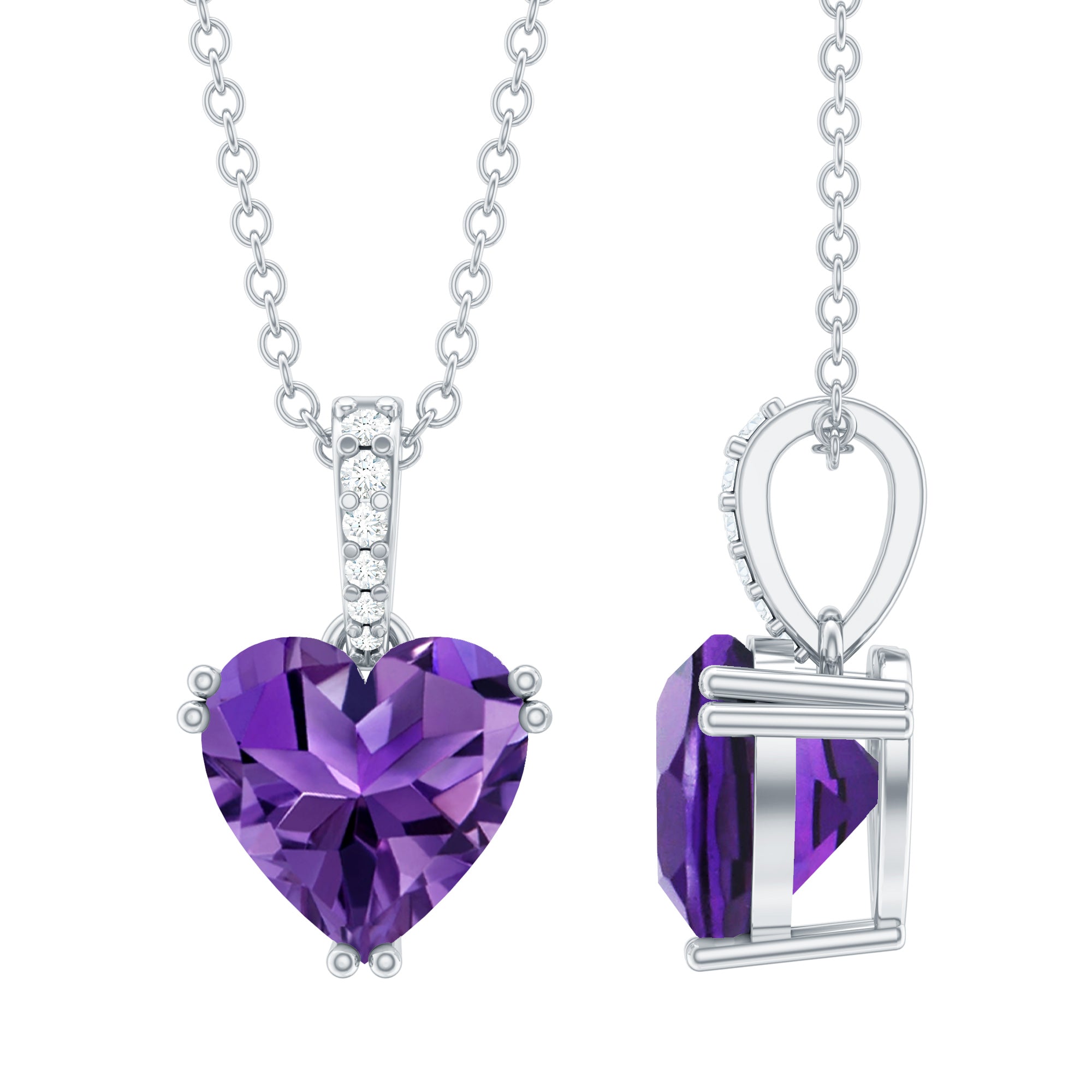 Certified Solitaire Amethyst Heart Necklace with Diamond AAA - Rosec Jewels