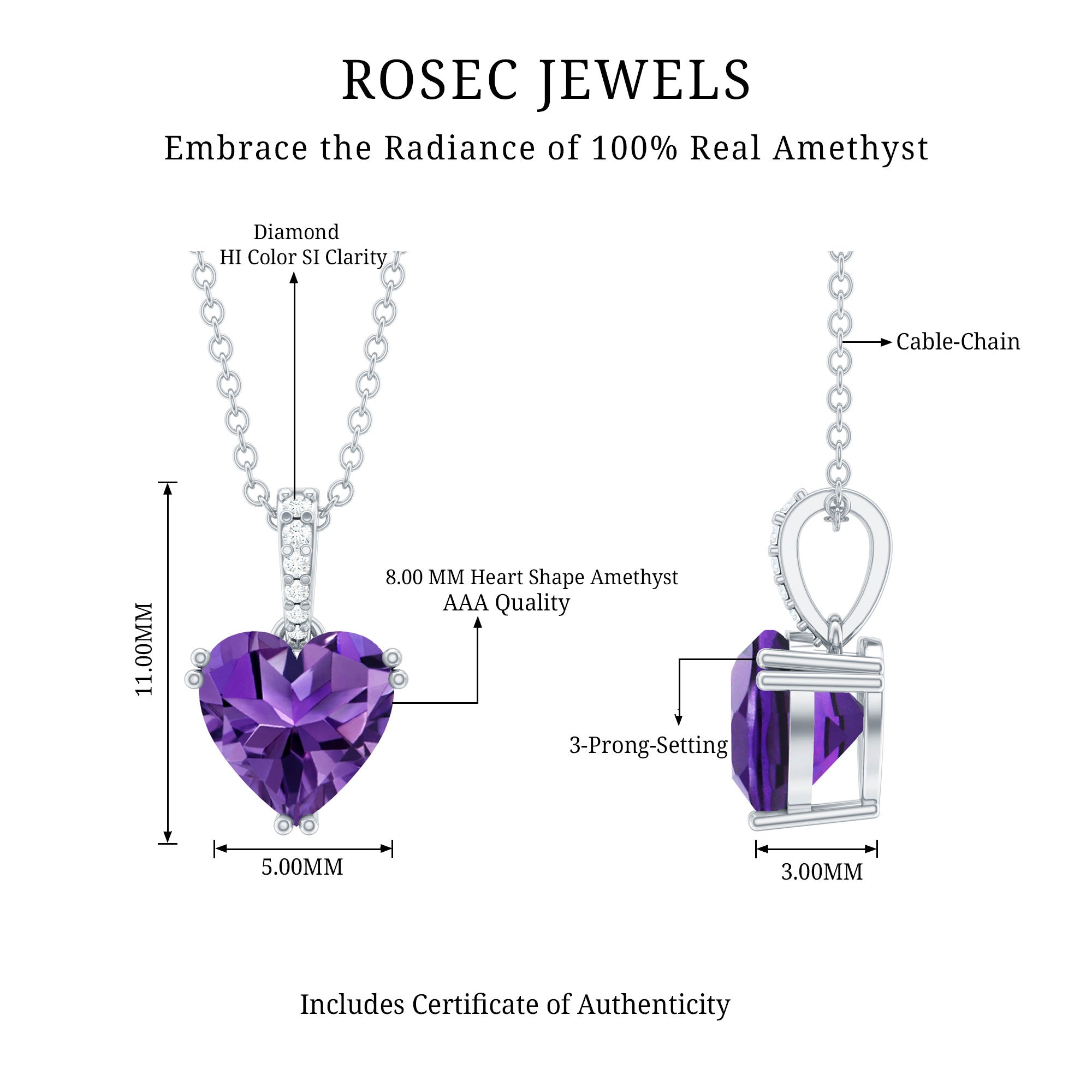 Certified Solitaire Amethyst Heart Necklace with Diamond AAA - Rosec Jewels