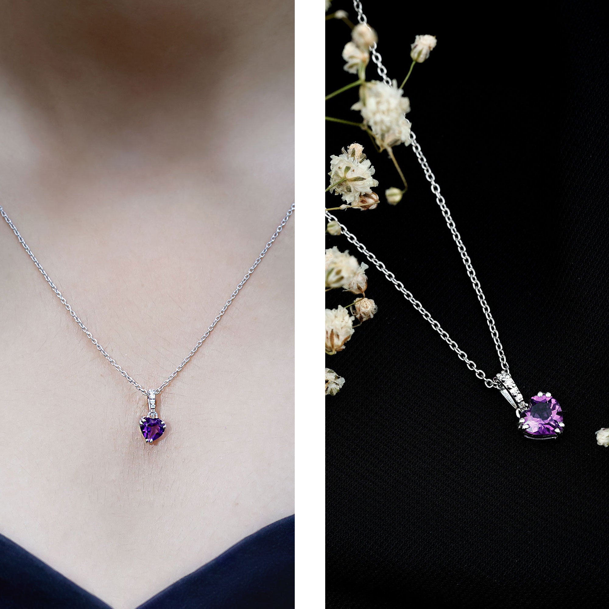 Certified Solitaire Amethyst Heart Necklace with Diamond AAA - Rosec Jewels