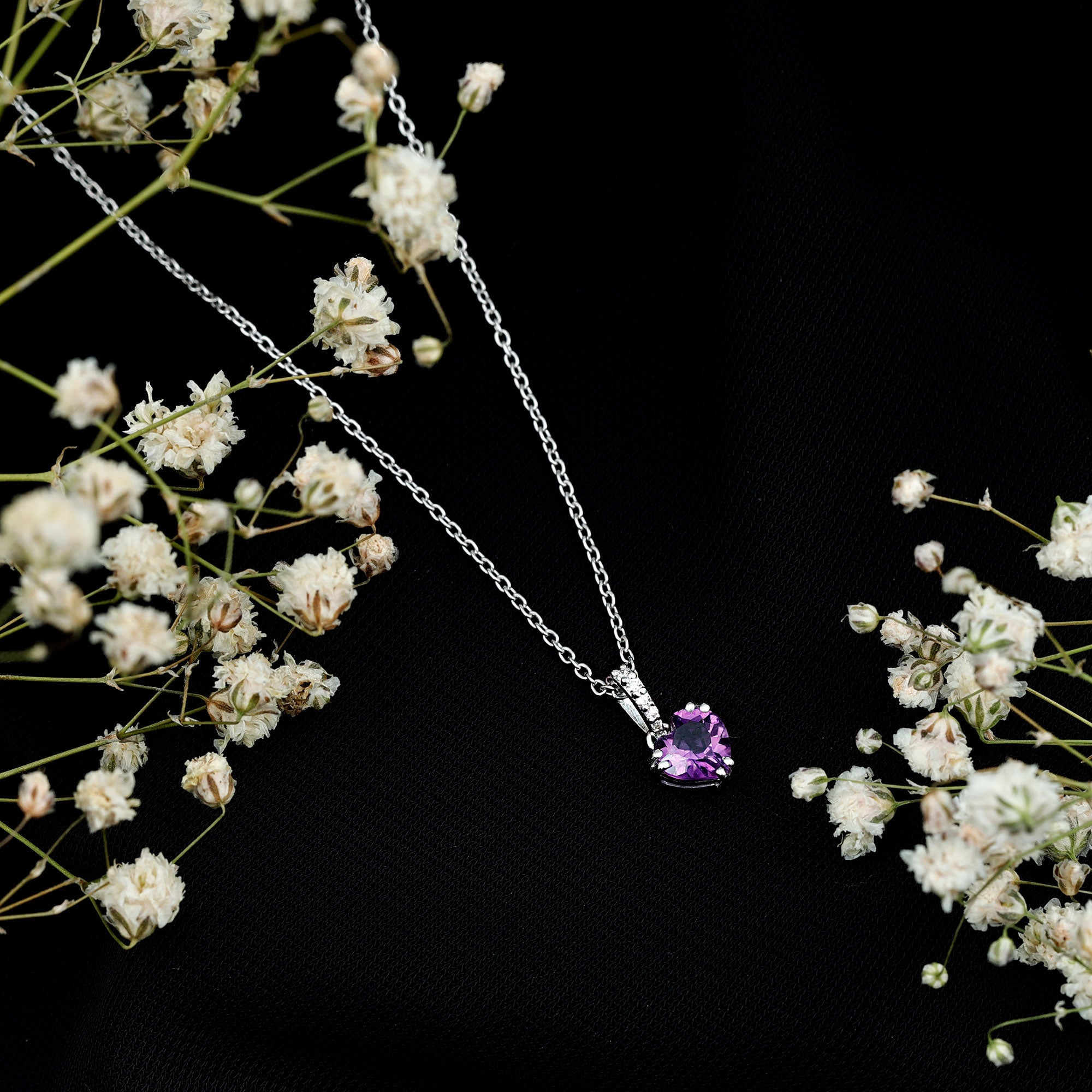 Certified Solitaire Amethyst Heart Necklace with Diamond AAA - Rosec Jewels