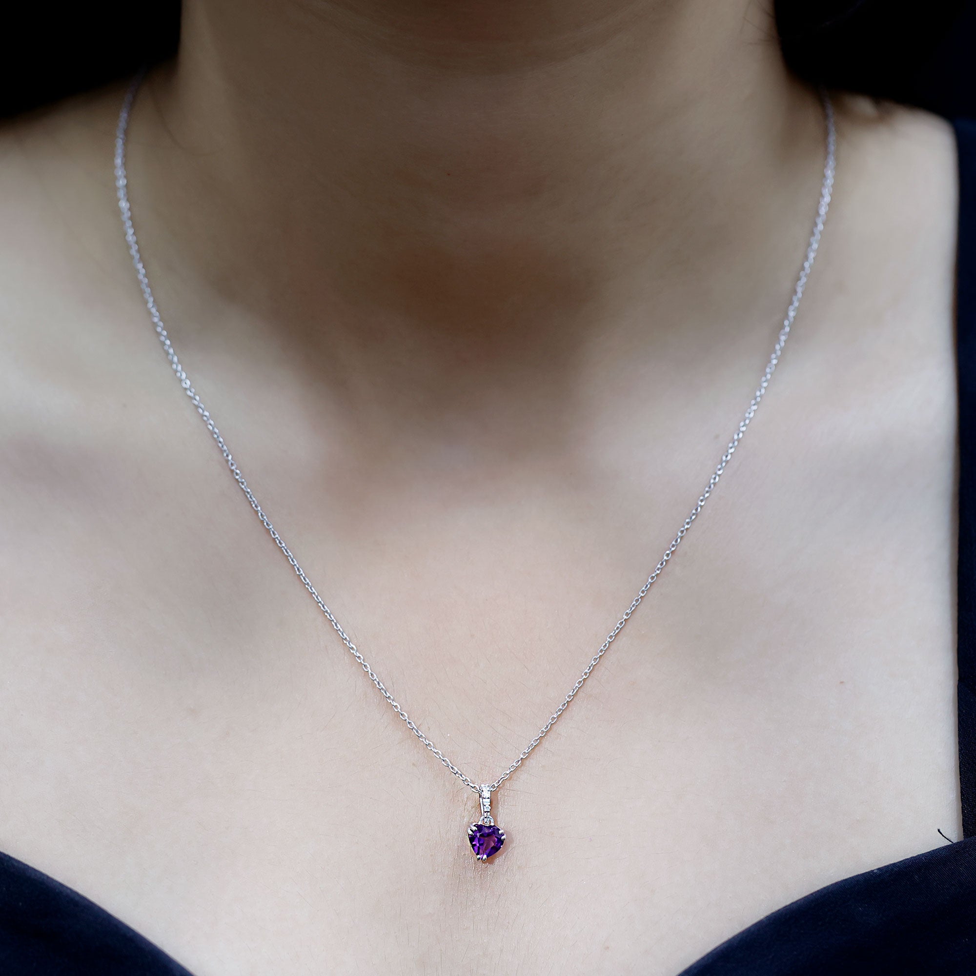Certified Solitaire Amethyst Heart Necklace with Diamond AAA - Rosec Jewels