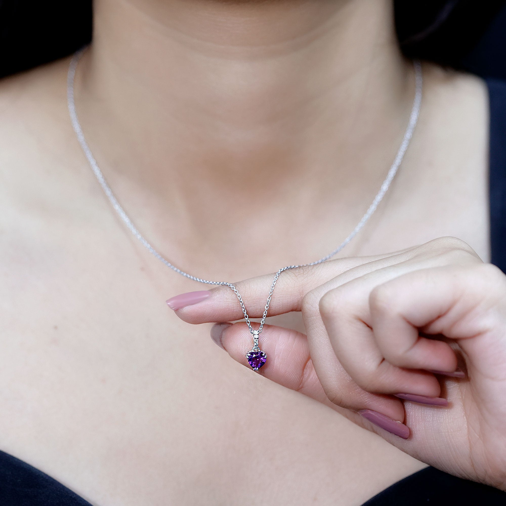 Certified Solitaire Amethyst Heart Necklace with Diamond AAA - Rosec Jewels