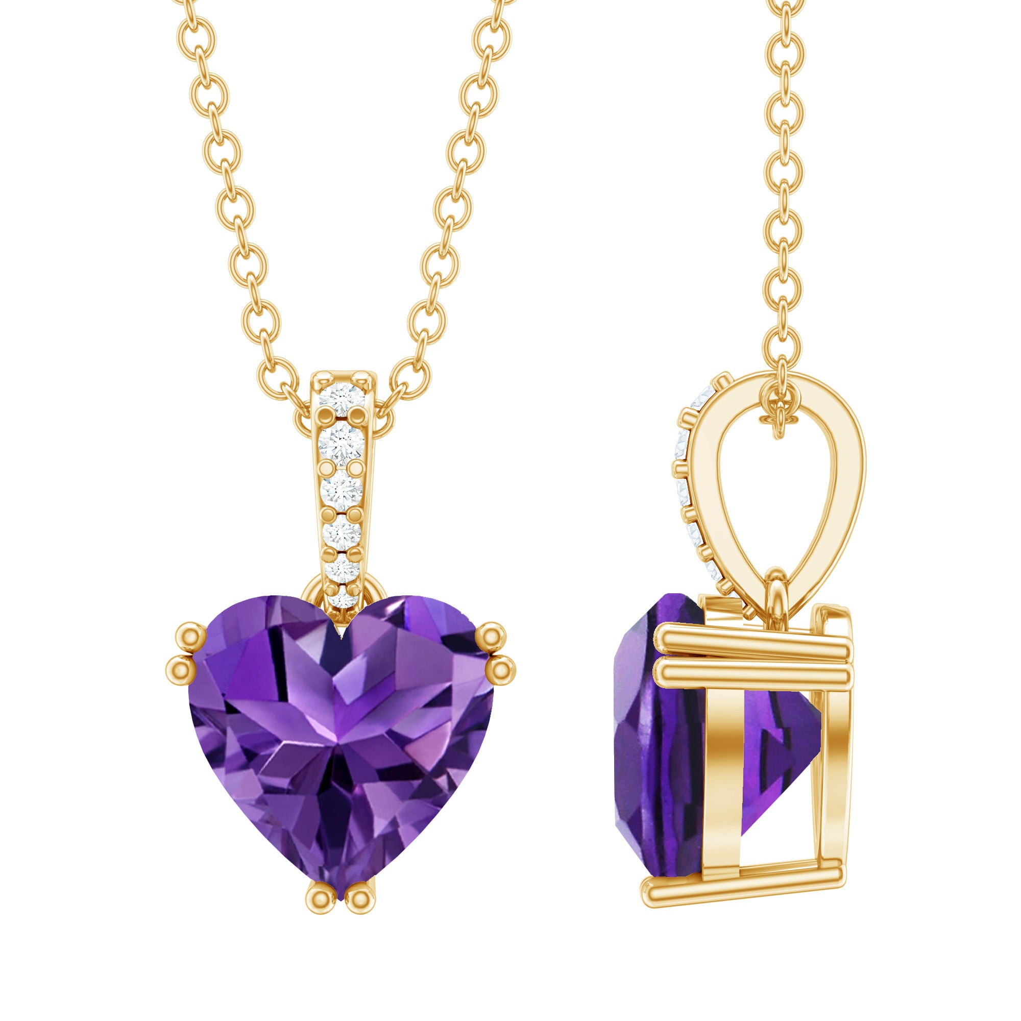 Certified Solitaire Amethyst Heart Necklace with Diamond AAA - Rosec Jewels