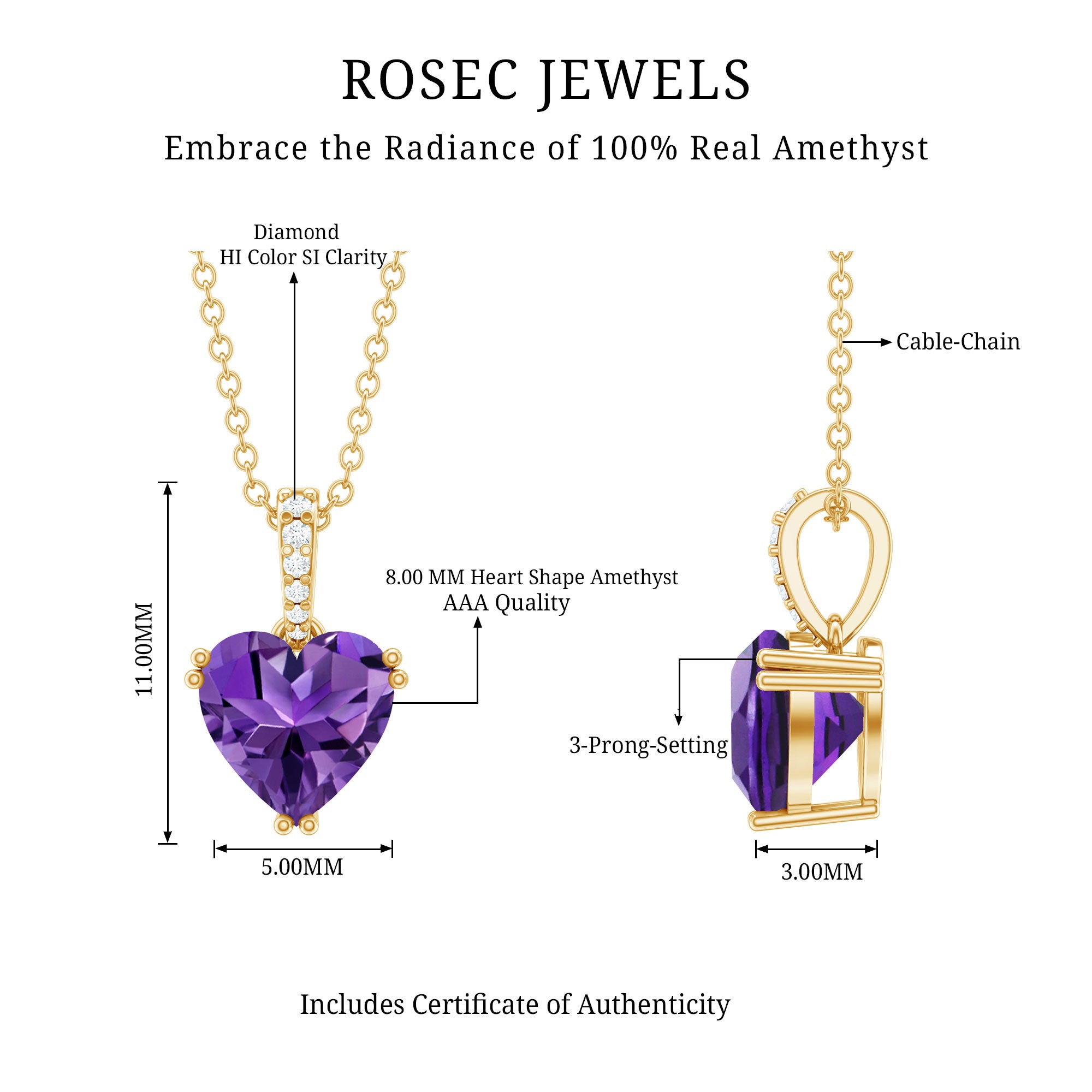 Certified Solitaire Amethyst Heart Necklace with Diamond AAA - Rosec Jewels