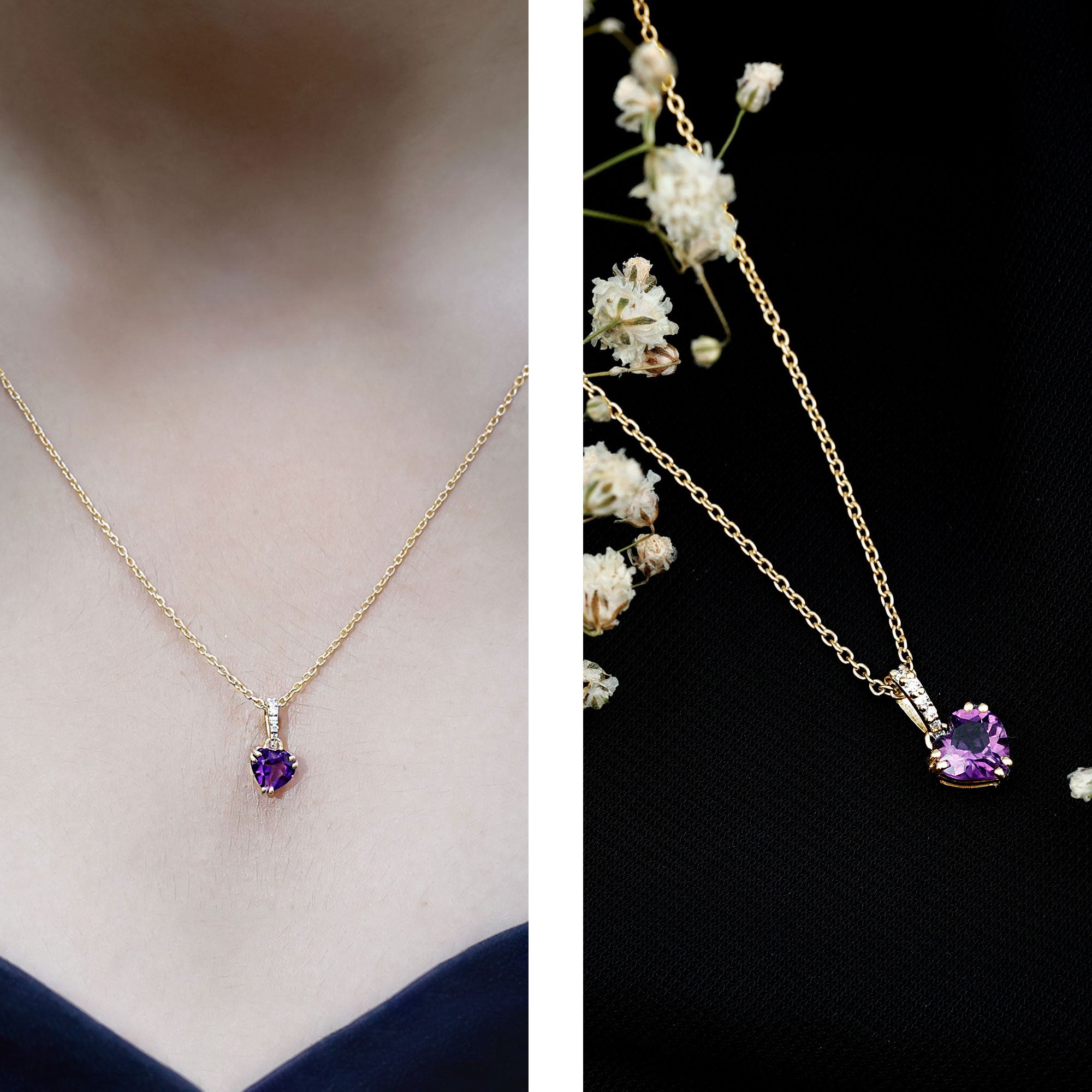 Certified Solitaire Amethyst Heart Necklace with Diamond AAA - Rosec Jewels
