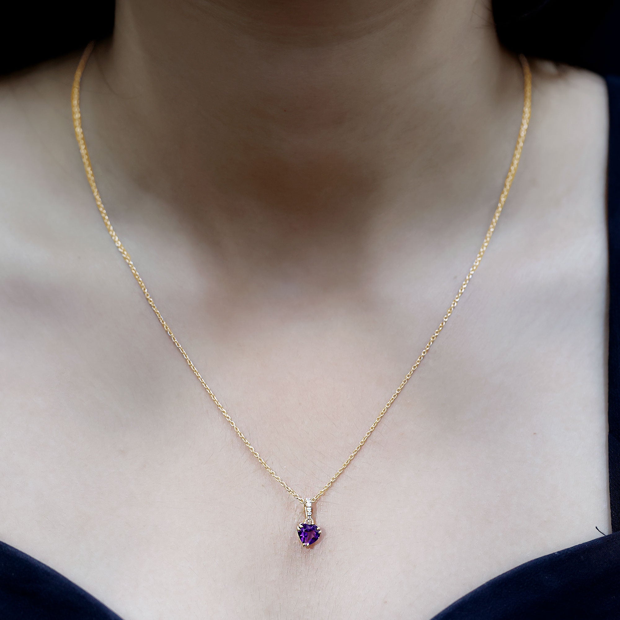 Certified Solitaire Amethyst Heart Necklace with Diamond AAA - Rosec Jewels