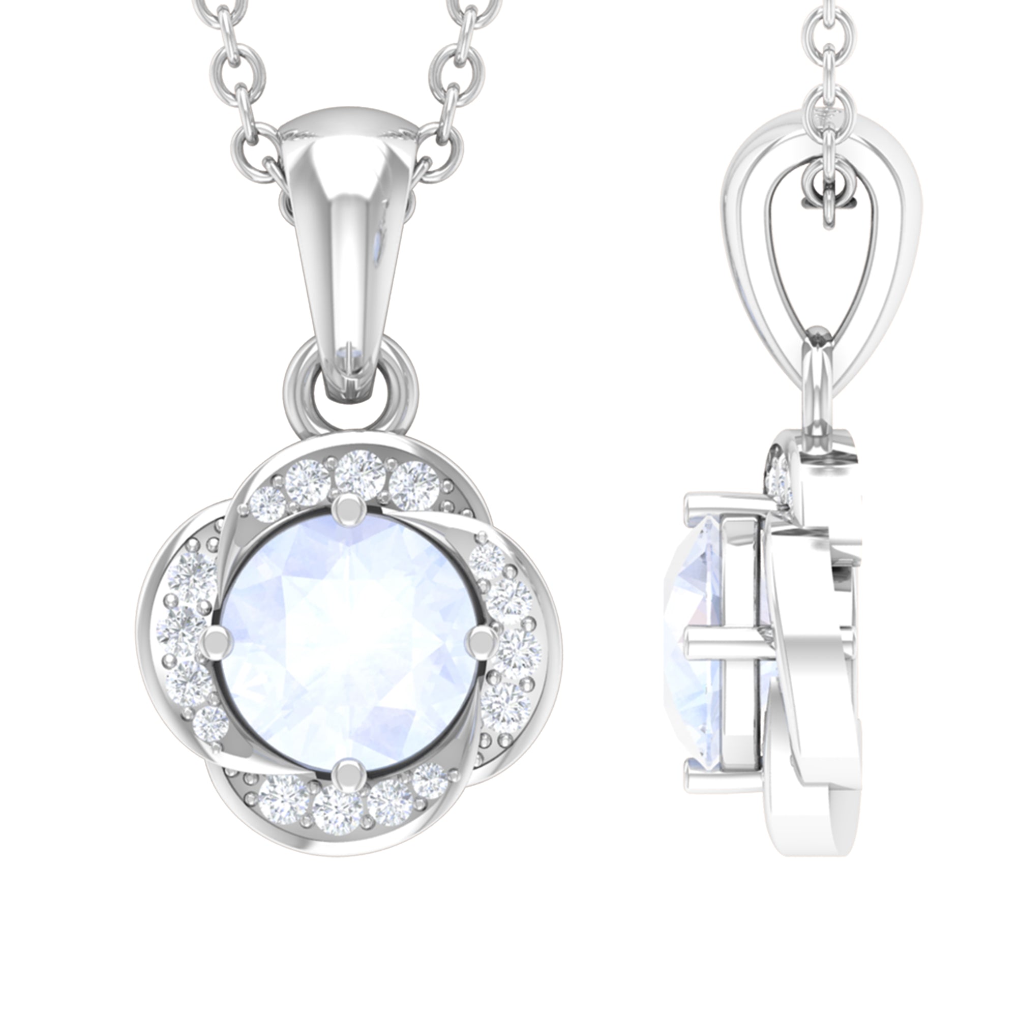 Moonstone and Diamond Flower Pendant Necklace AAA - Rosec Jewels