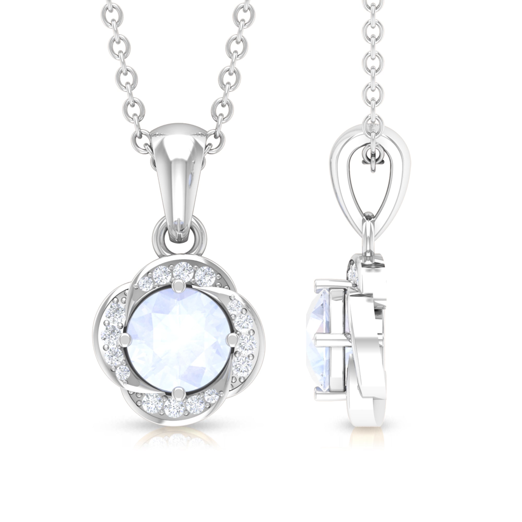 Moonstone and Diamond Flower Pendant Necklace AAA - Rosec Jewels