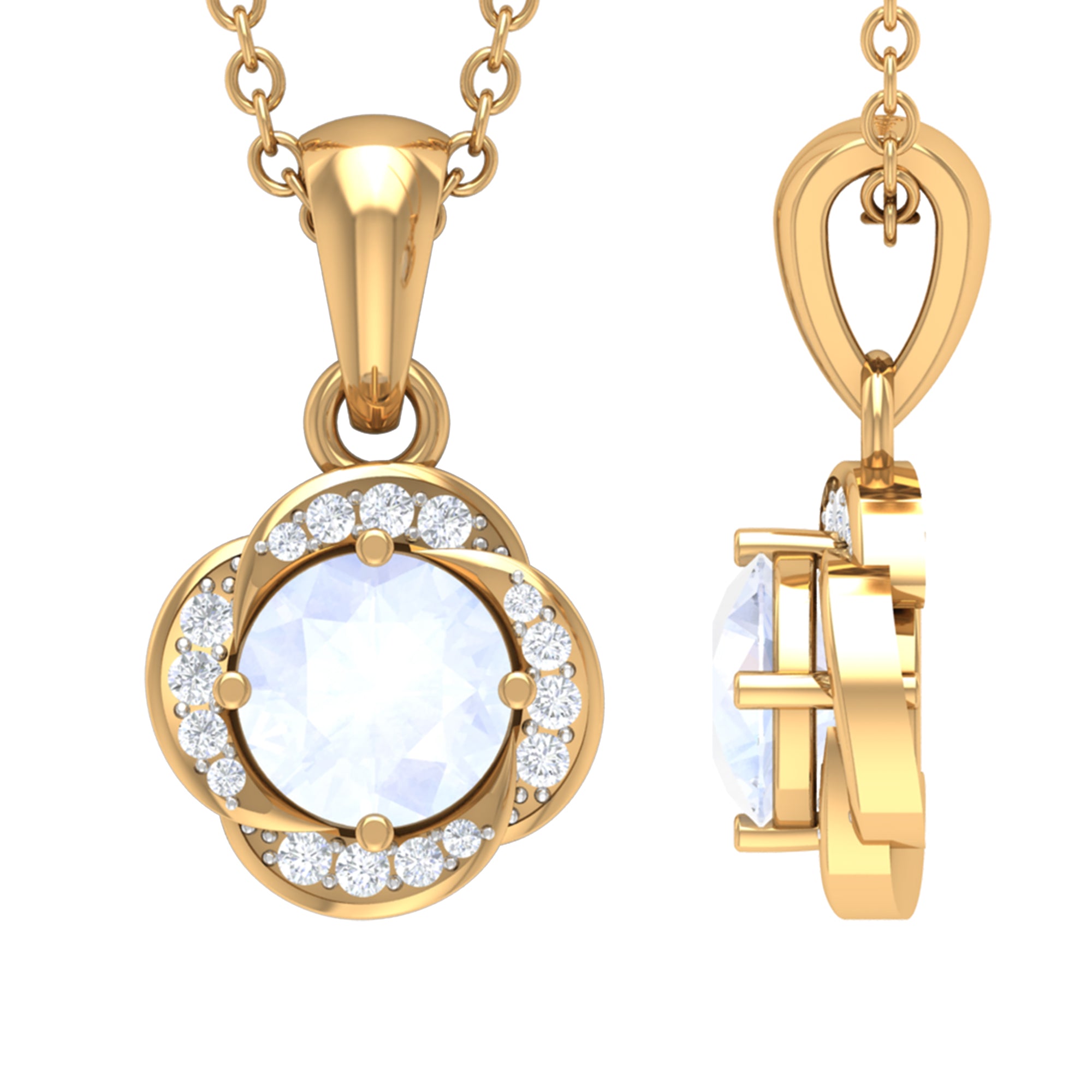 Moonstone and Diamond Flower Pendant Necklace AAA - Rosec Jewels