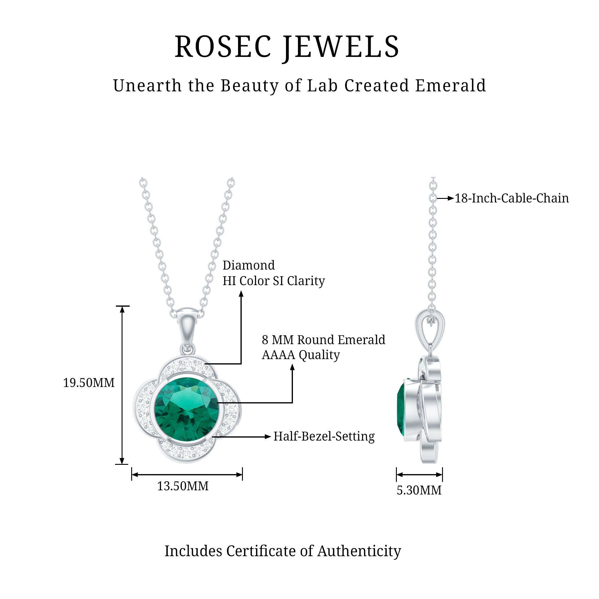 2 CT Lab Grown Emerald and Diamond Flower Necklace AAAA - Rosec Jewels