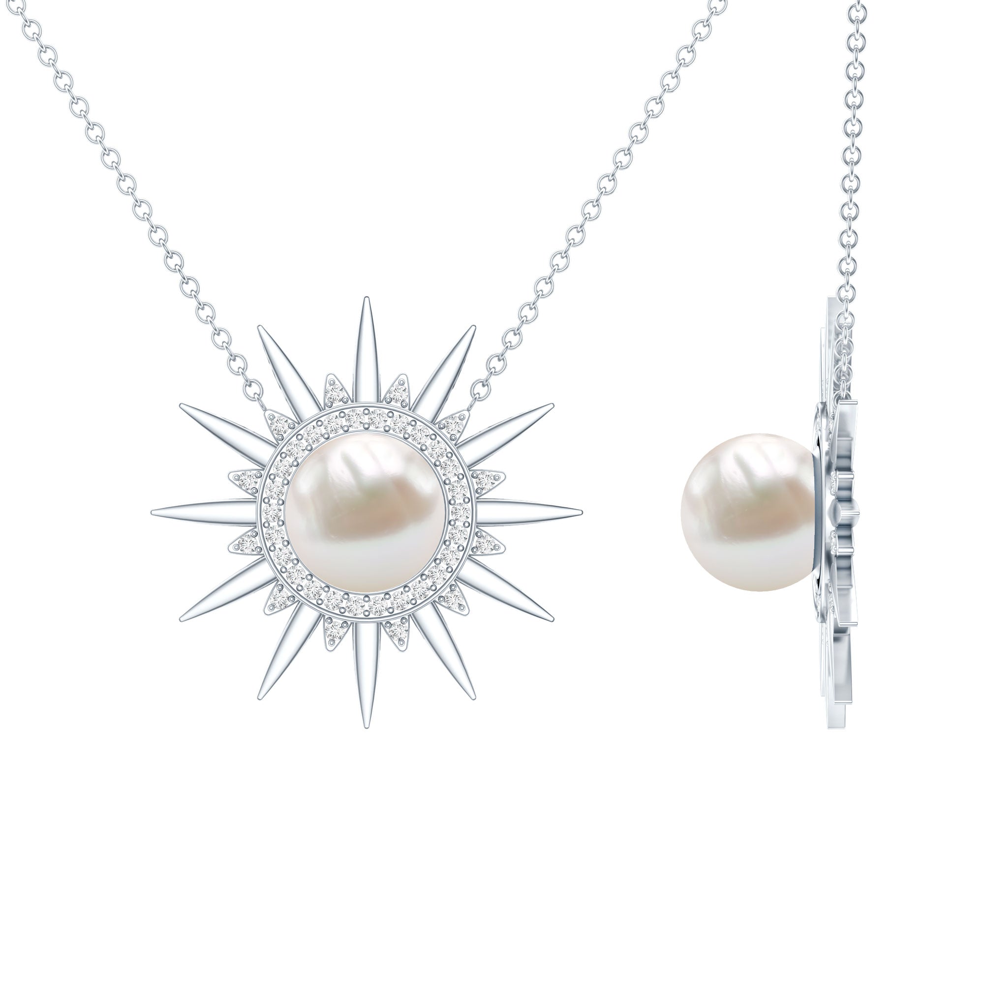 Natural Freshwater Pearl and Diamond Sunburst Pendant Necklace