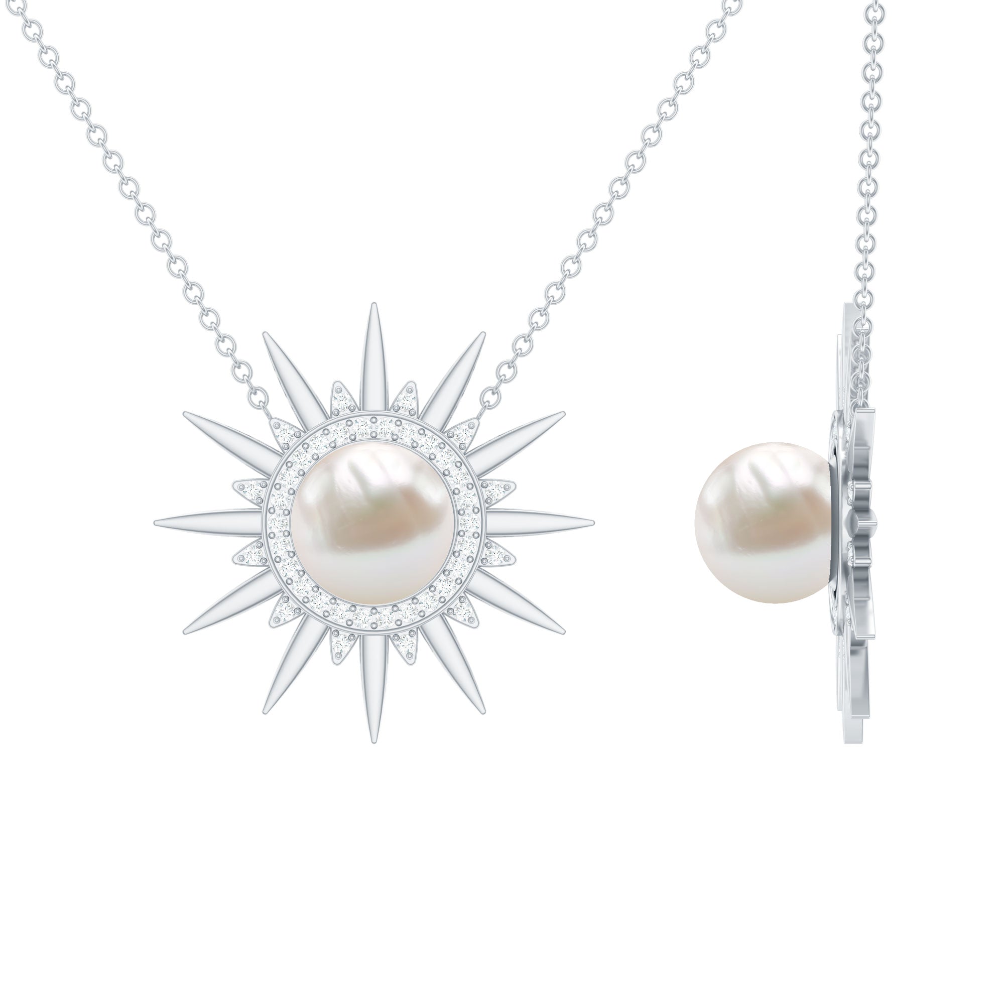 Natural Freshwater Pearl and Diamond Sunburst Pendant Necklace