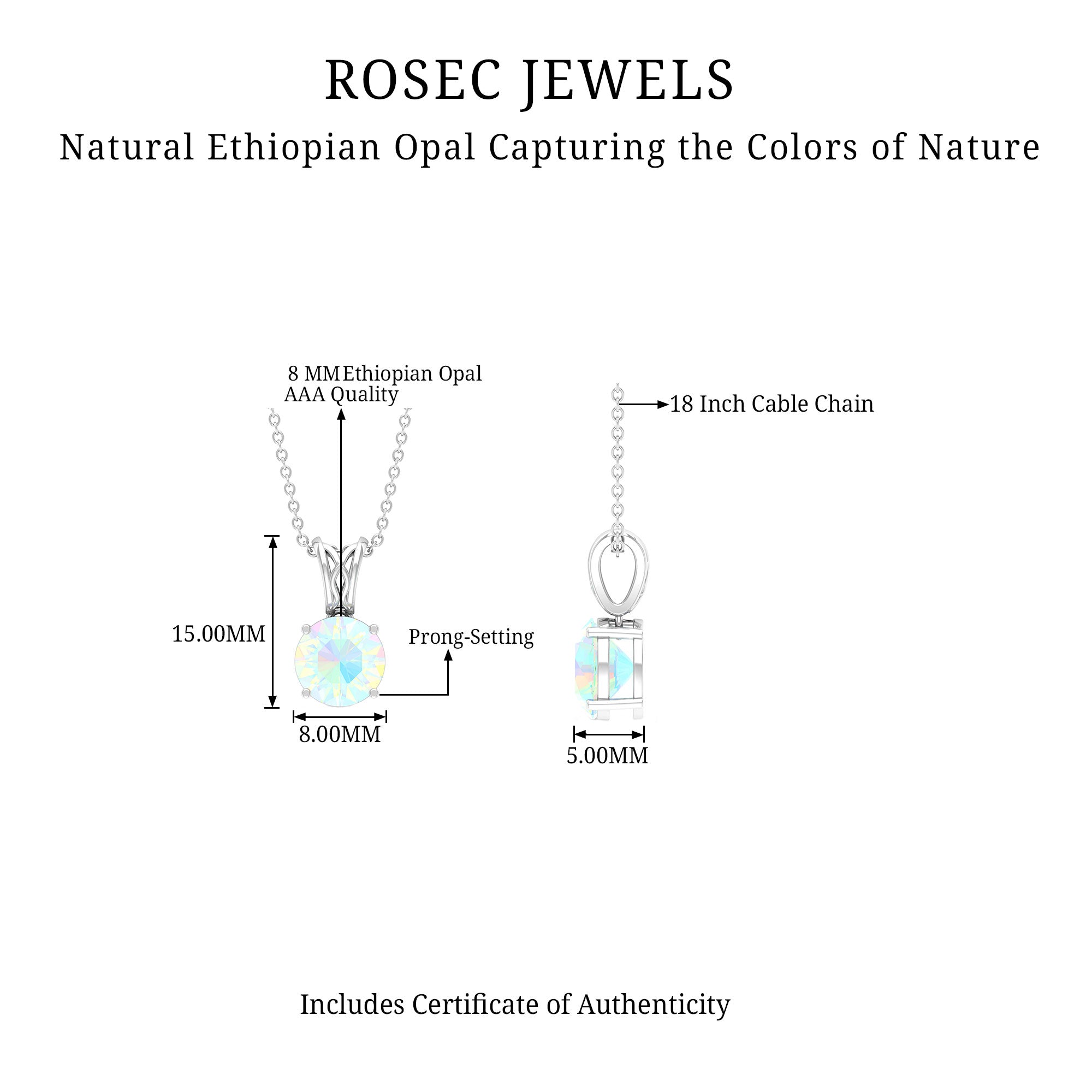 Real Ethiopian Opal Solitaire Pendant Necklace with Chain AAA - Rosec Jewels