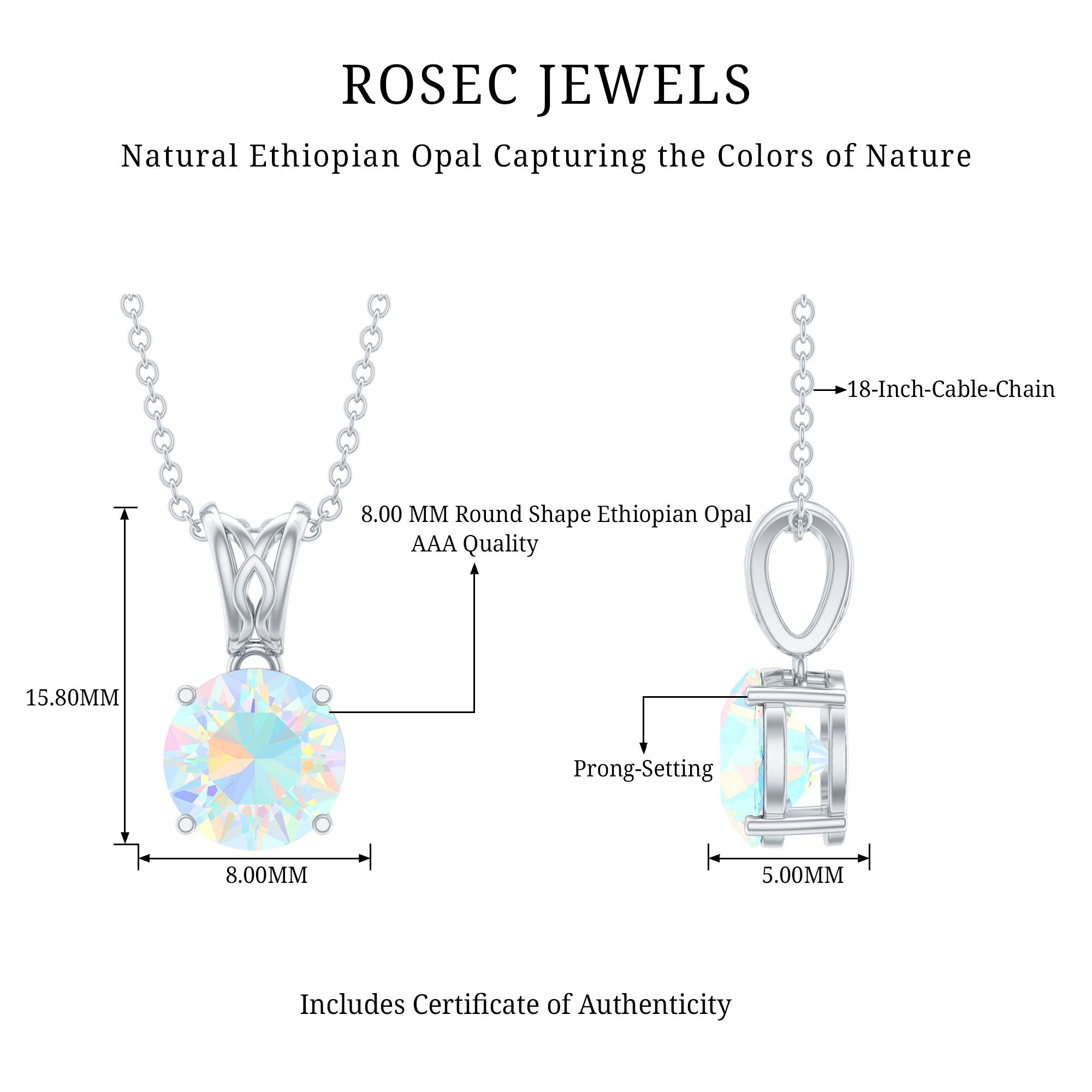 Real Ethiopian Opal Solitaire Pendant Necklace with Chain AAA - Rosec Jewels