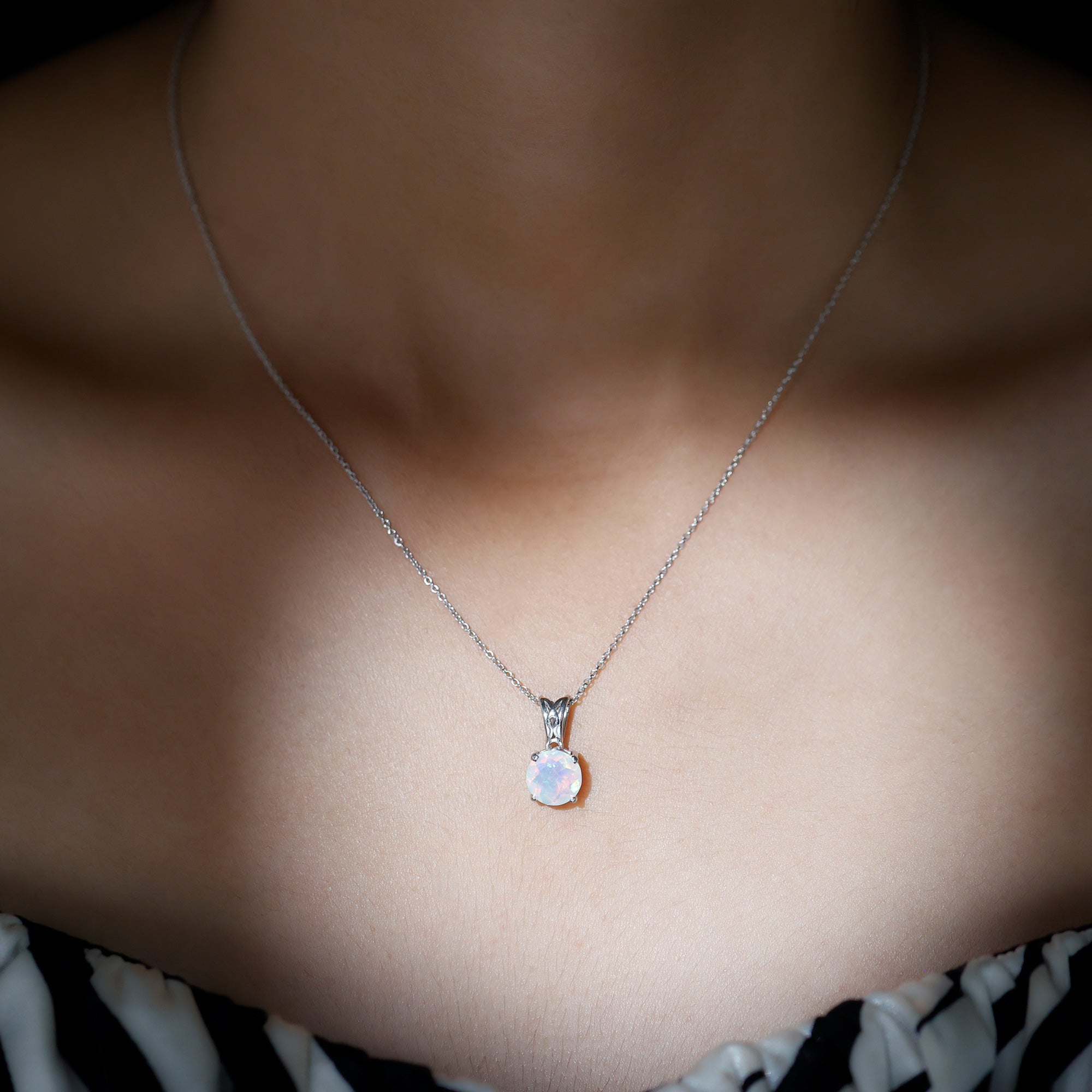 Real Ethiopian Opal Solitaire Pendant Necklace with Chain AAA - Rosec Jewels