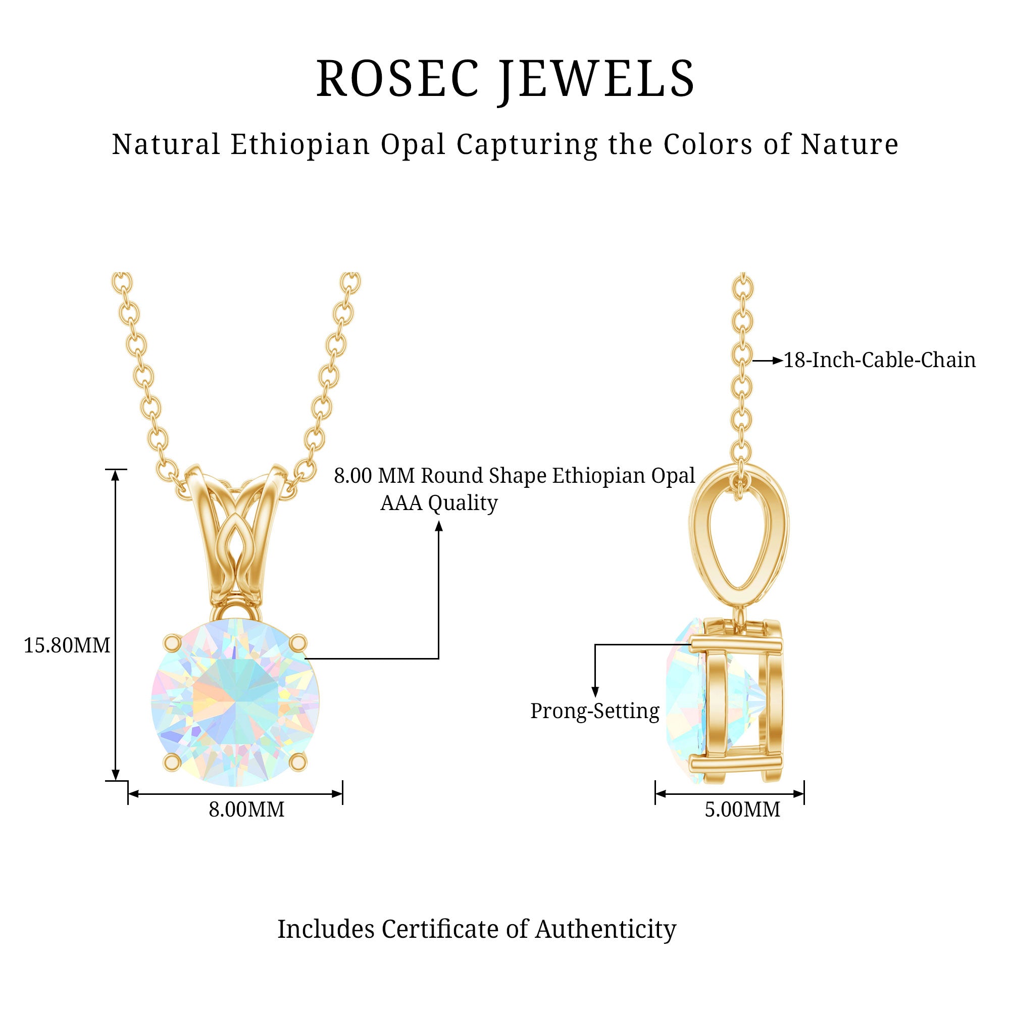 Real Ethiopian Opal Solitaire Pendant Necklace with Chain AAA - Rosec Jewels