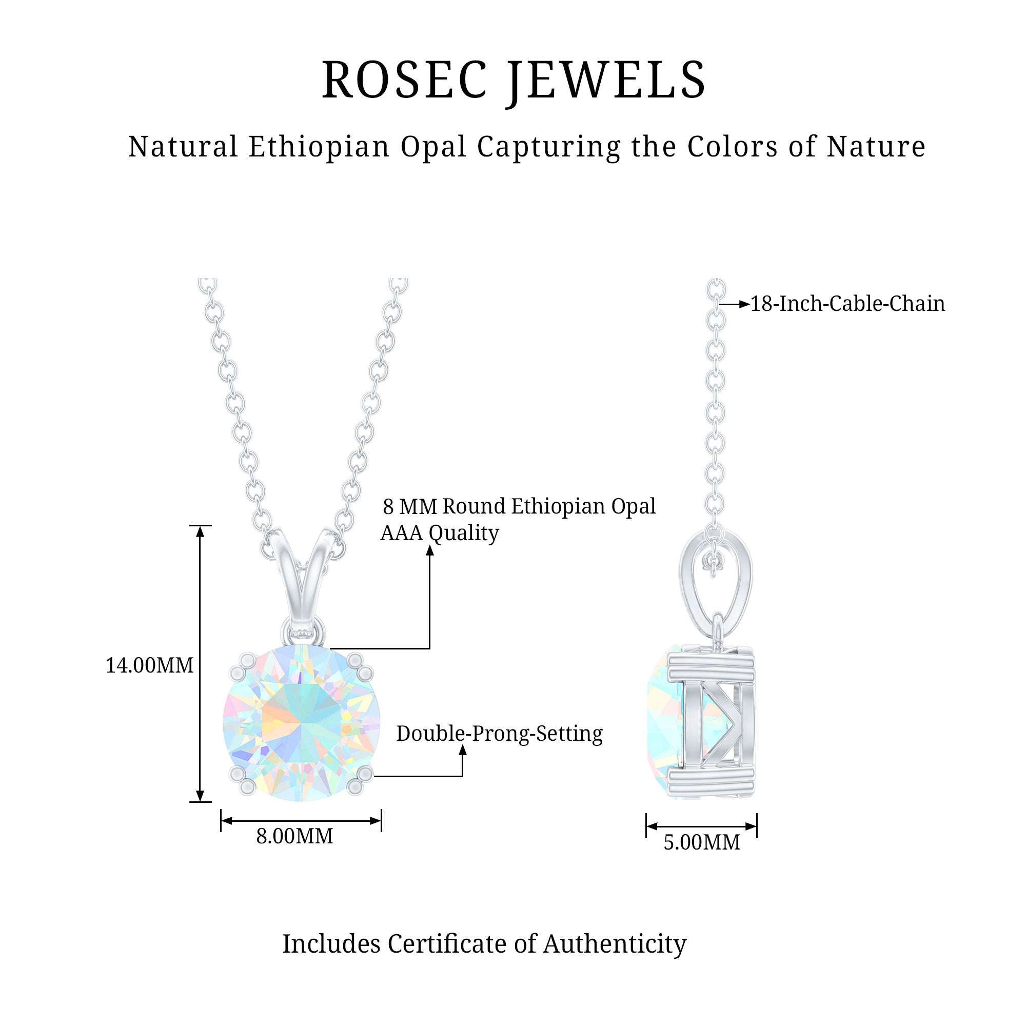 Genuine Ethiopian Opal Solitaire Necklace With Chain AAA - Rosec Jewels