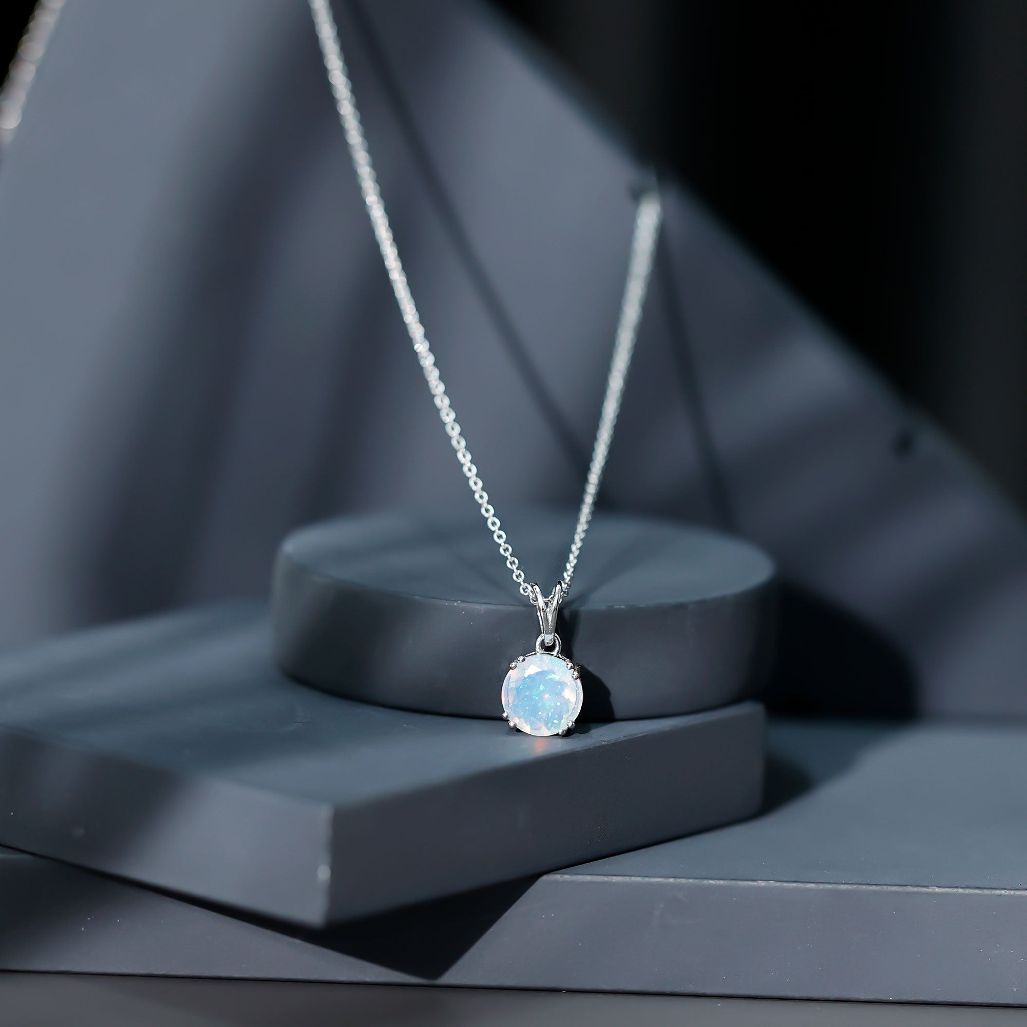 Genuine Ethiopian Opal Solitaire Necklace With Chain AAA - Rosec Jewels