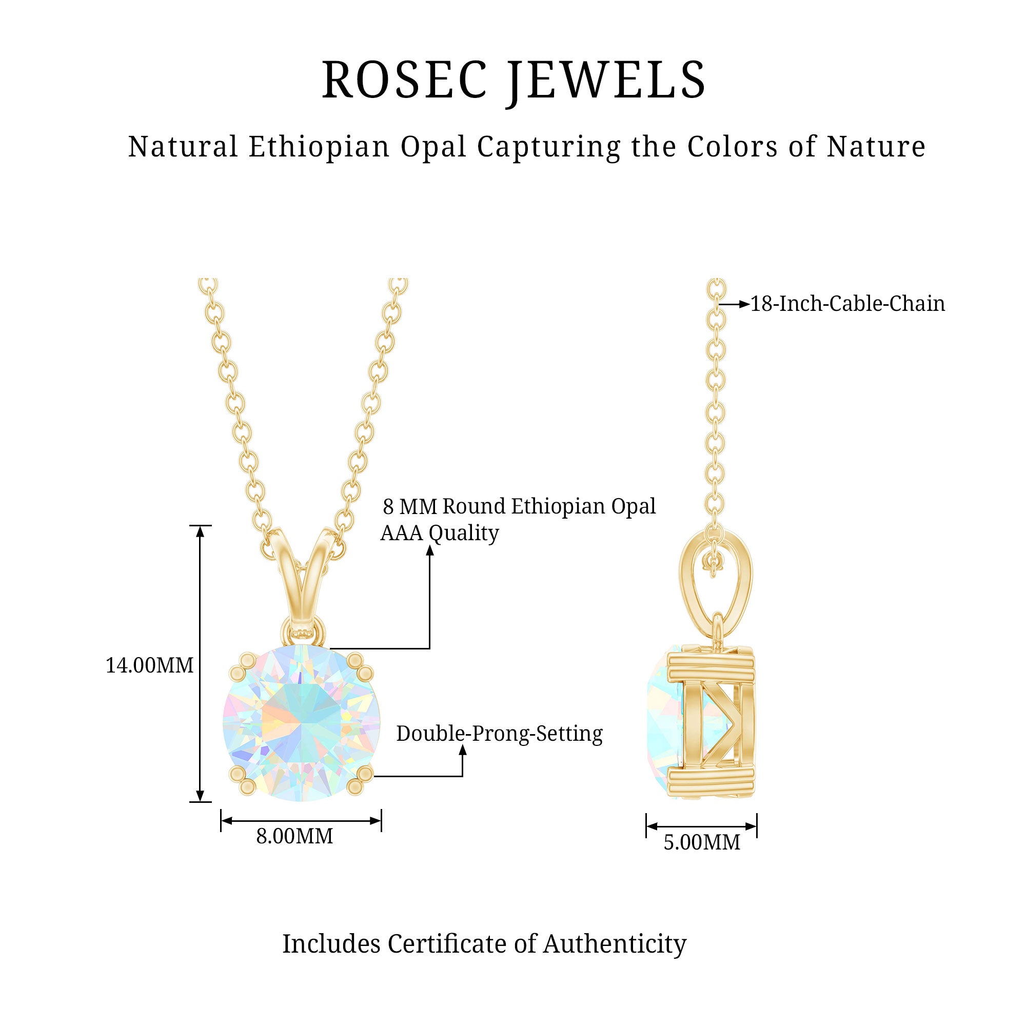 Genuine Ethiopian Opal Solitaire Necklace With Chain AAA - Rosec Jewels