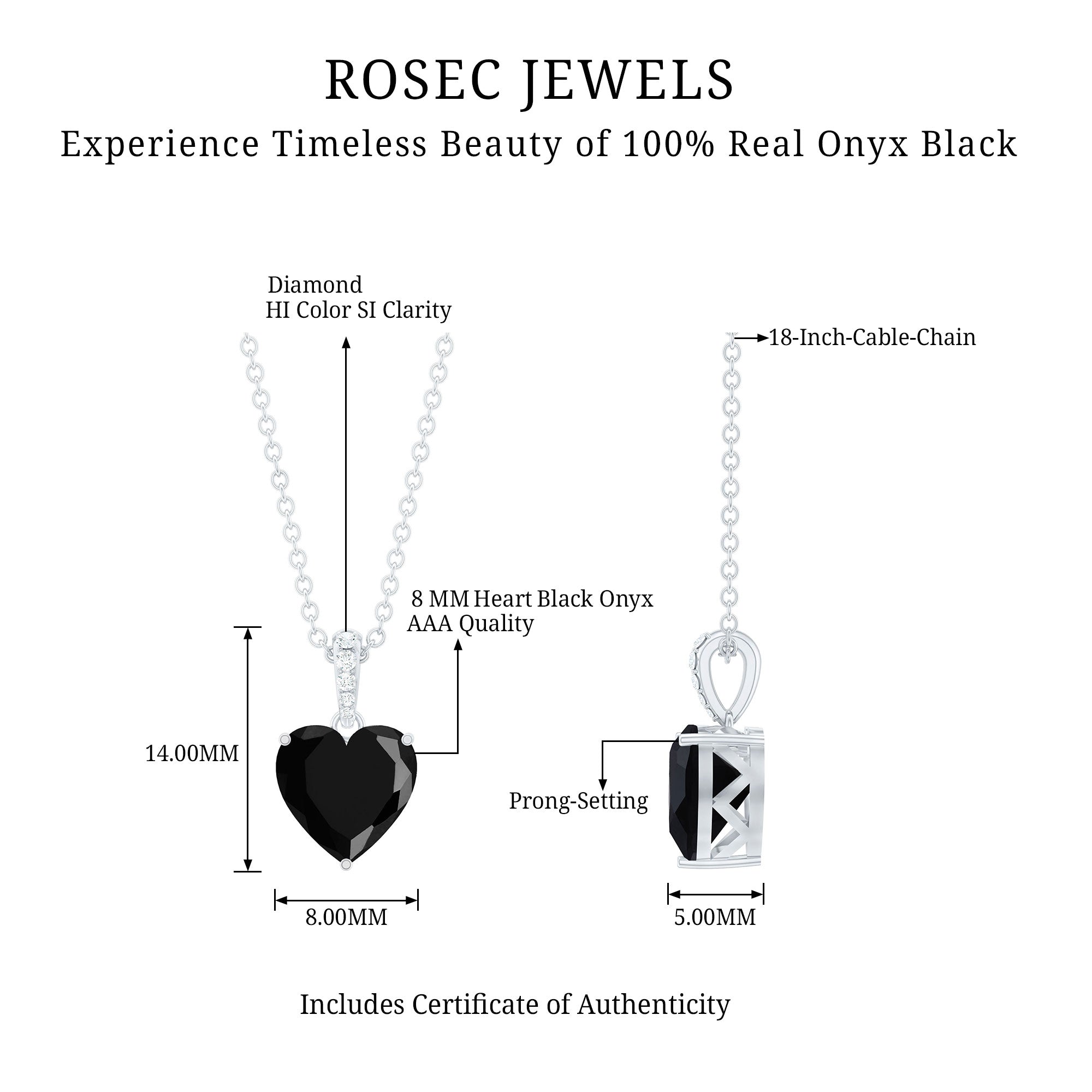 2 Carat Black Onyx Heart Pendant with Diamond AAA - Rosec Jewels