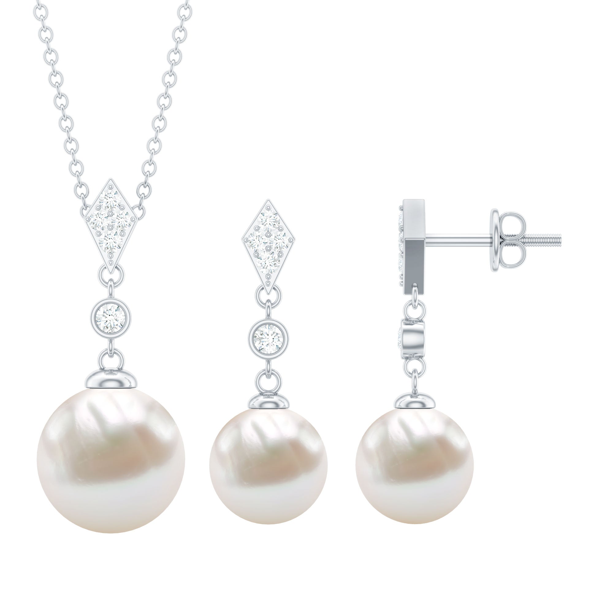 Freshwater Pearl Simple Dangle Drop Pendant and Earrings Set with Diamond