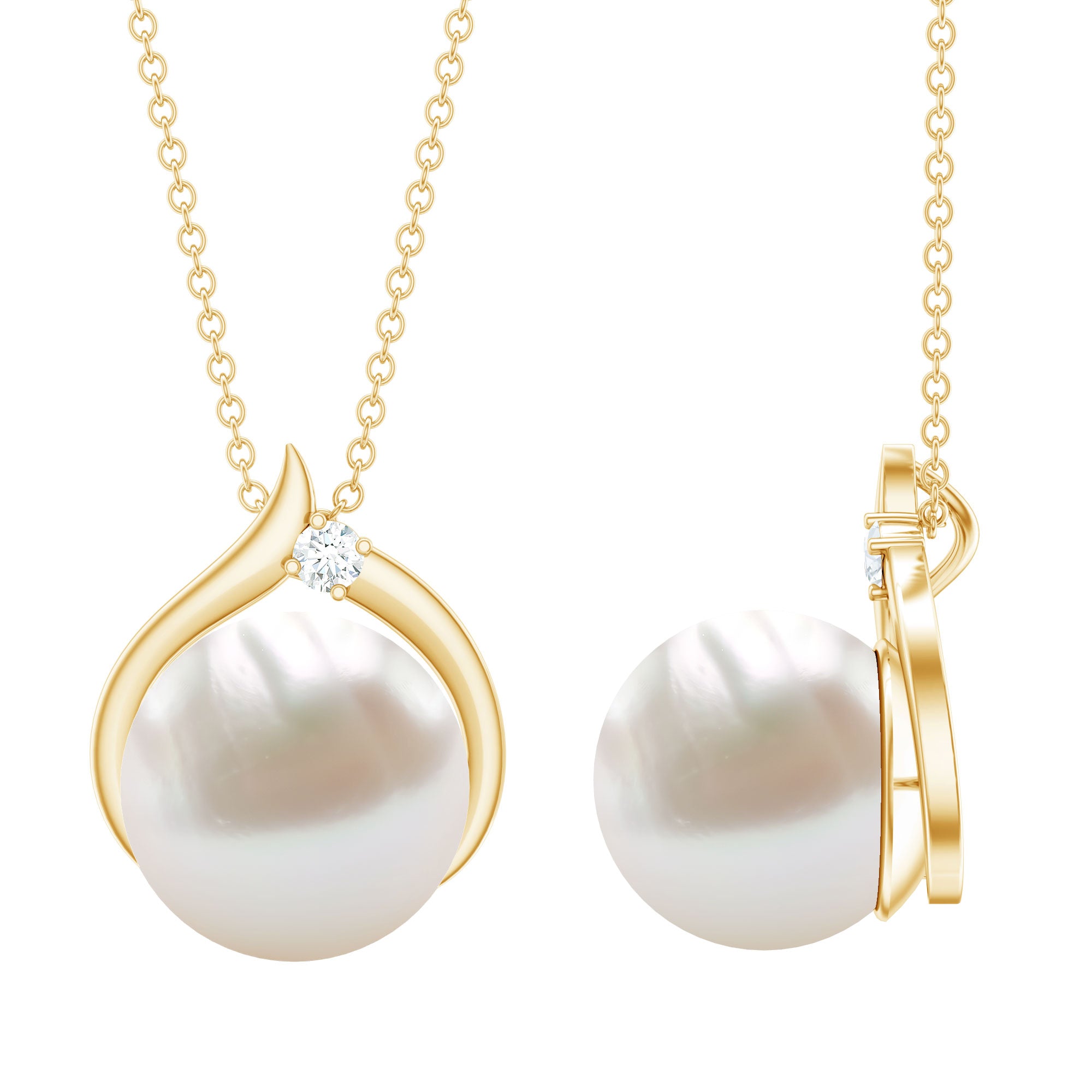 11 Carat White Pearl Solitaire Necklace with Diamond AAA - Rosec Jewels