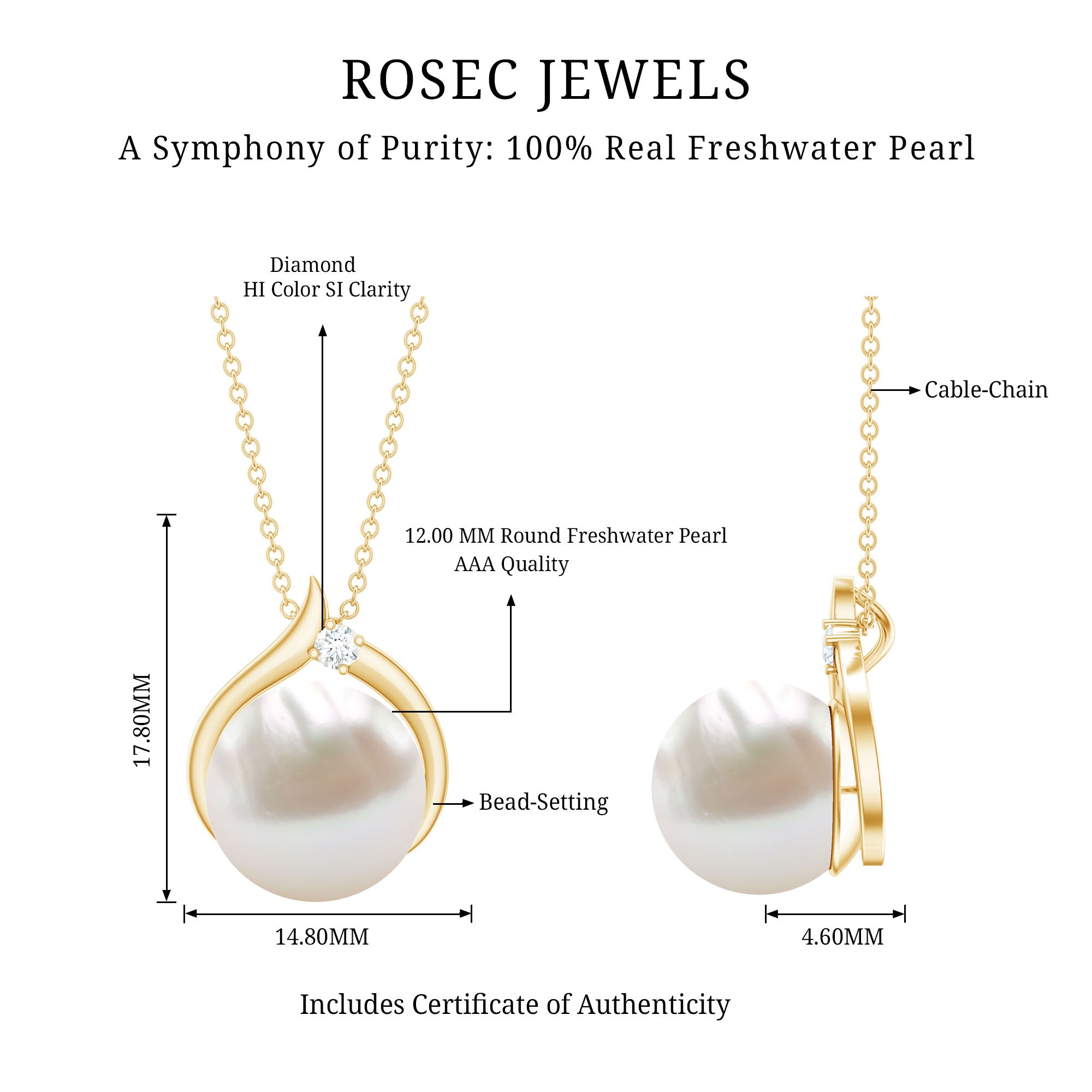 11 Carat White Pearl Solitaire Necklace with Diamond AAA - Rosec Jewels